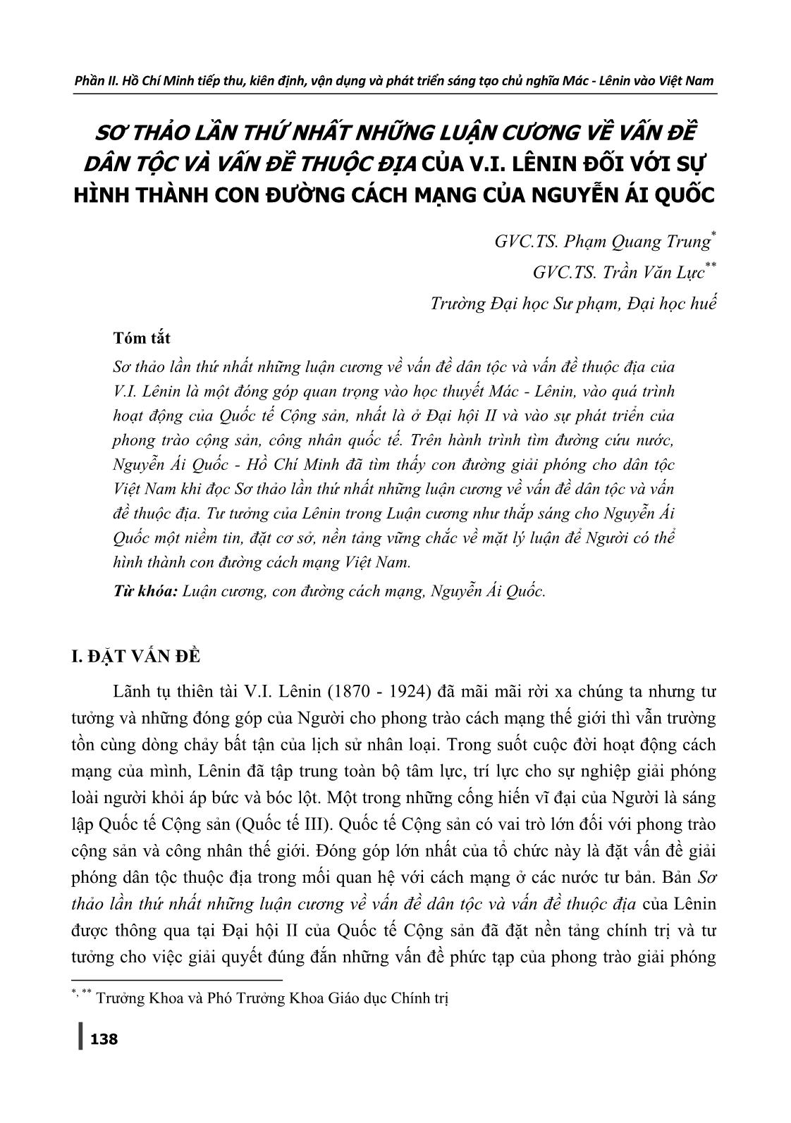 Sơ thảo lần thứ nhất những luận cương về vấn đề dân tộc và vấn đề thuộc địa của V.I. Lênin đối với sự hình thành con đường cách mạng của Nguyễn Ái Quốc trang 1