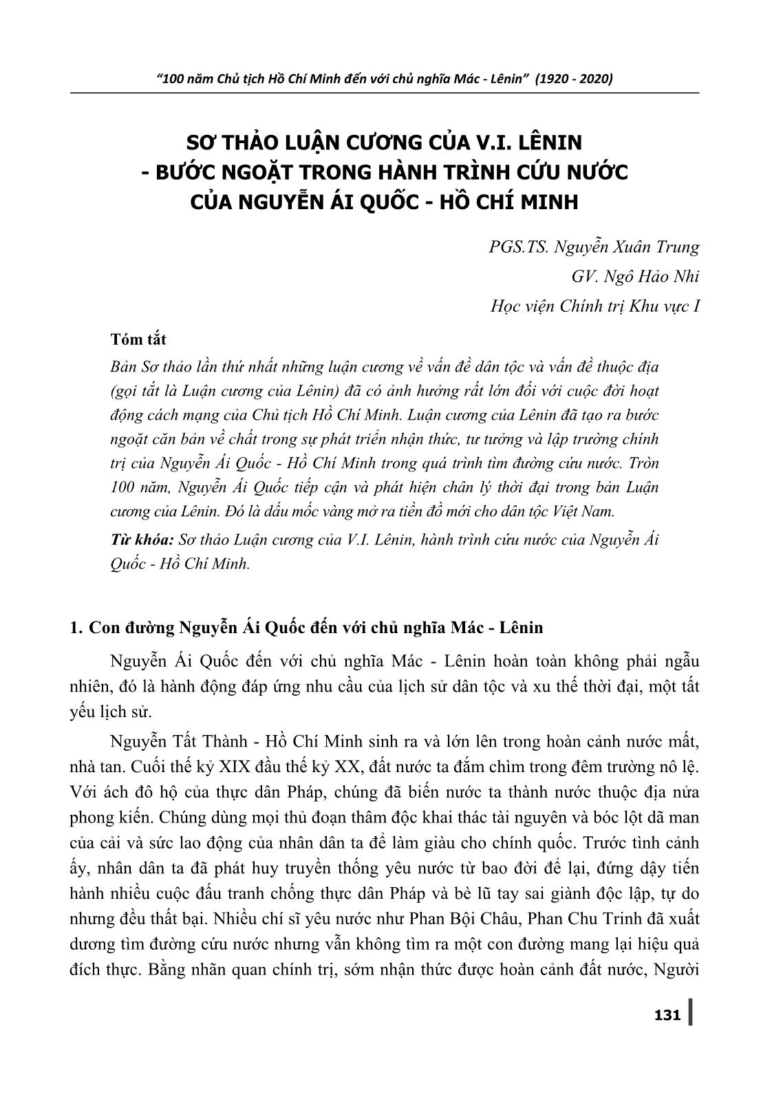 Sơ thảo luận cương của V.I. Lênin - Bước ngoặt trong hành trình cứu nước của Nguyễn Ái Quốc - Hồ Chí Minh trang 1