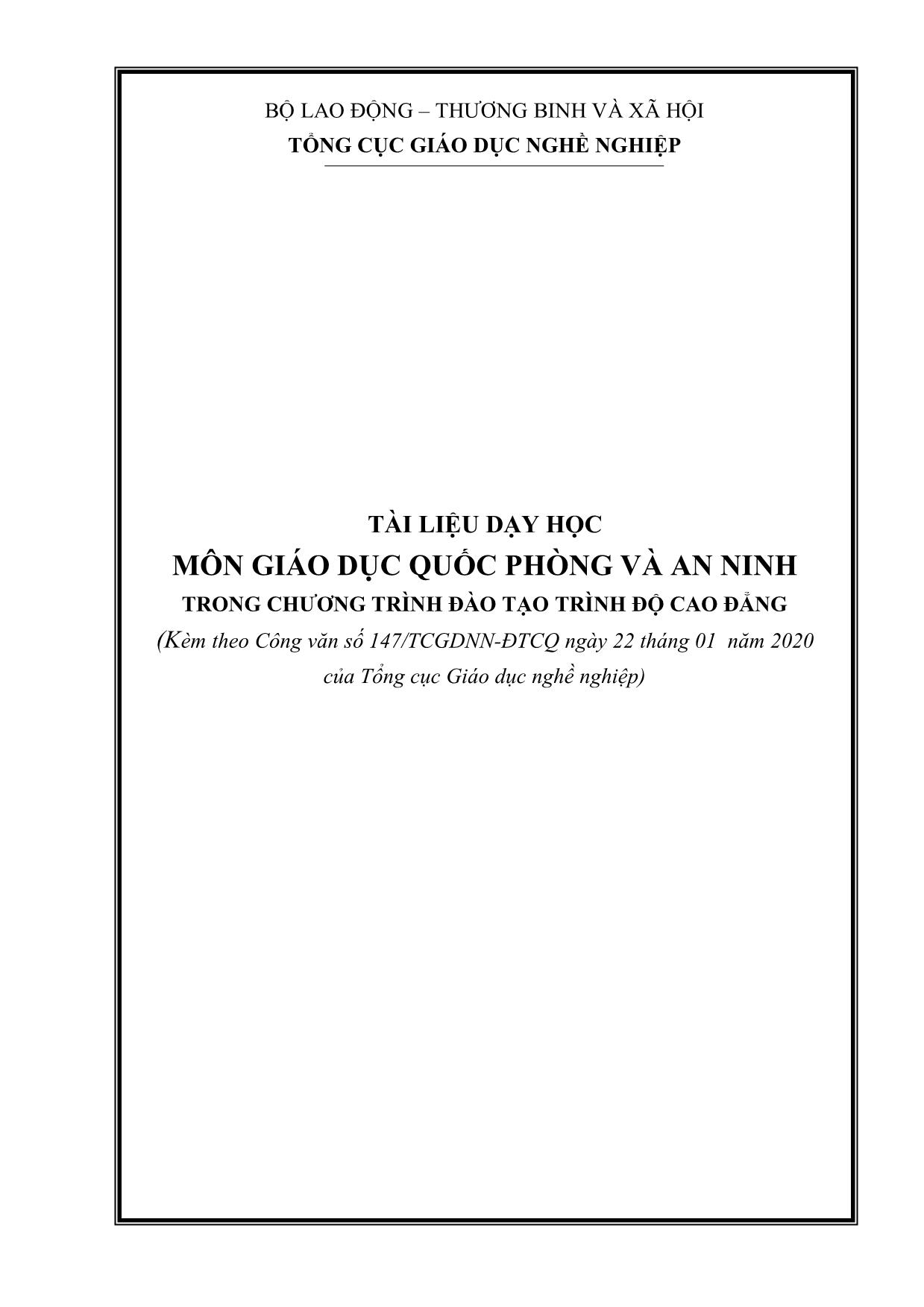 Tài liệu dạy học môn Giáo dục quốc phòng và an ninh - Chương trình đào tạo trình độ Cao đẳng trang 1