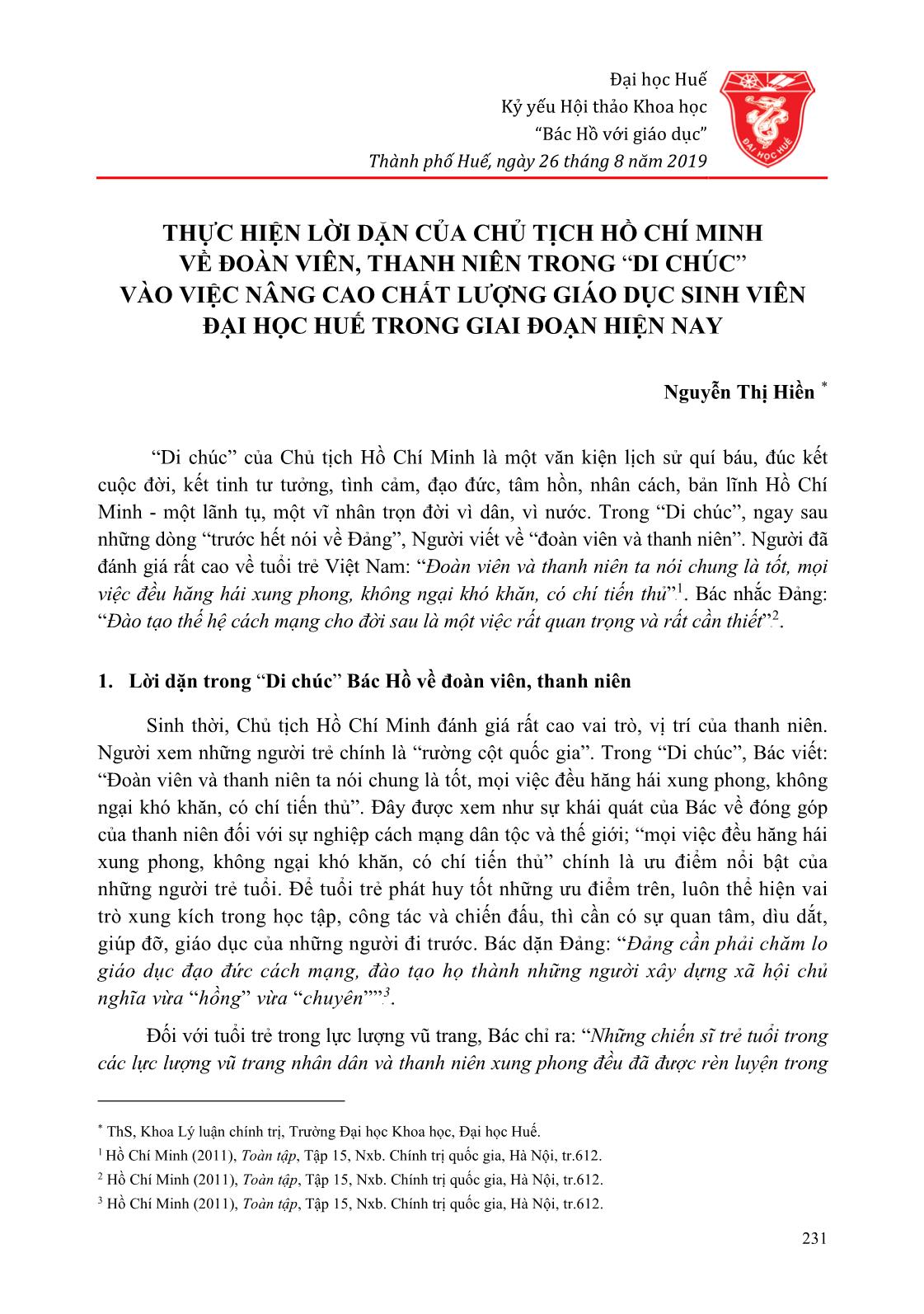 Thực hiện lời dặn của chủ tịch Hồ Chí Minh về đoàn viên, thanh niên trong “di chúc” vào việc nâng cao chất lượng giáo dục sinh viên Đại học Huế trong giai đoạn hiện nay trang 1