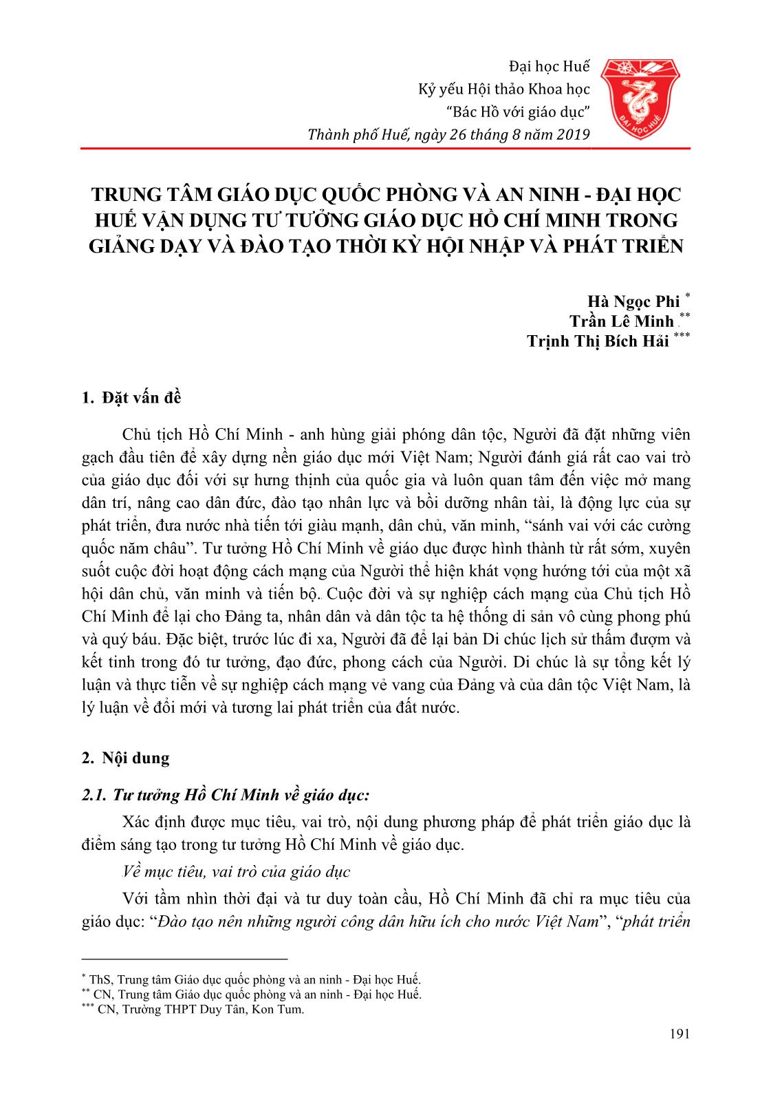 Trung tâm Giáo dục Quốc phòng và An ninh - Đại học Huế vận dụng tư tưởng giáo dục Hồ Chí Minh trong giảng dạy và đào tạo thời kỳ hội nhập và phát triển trang 1