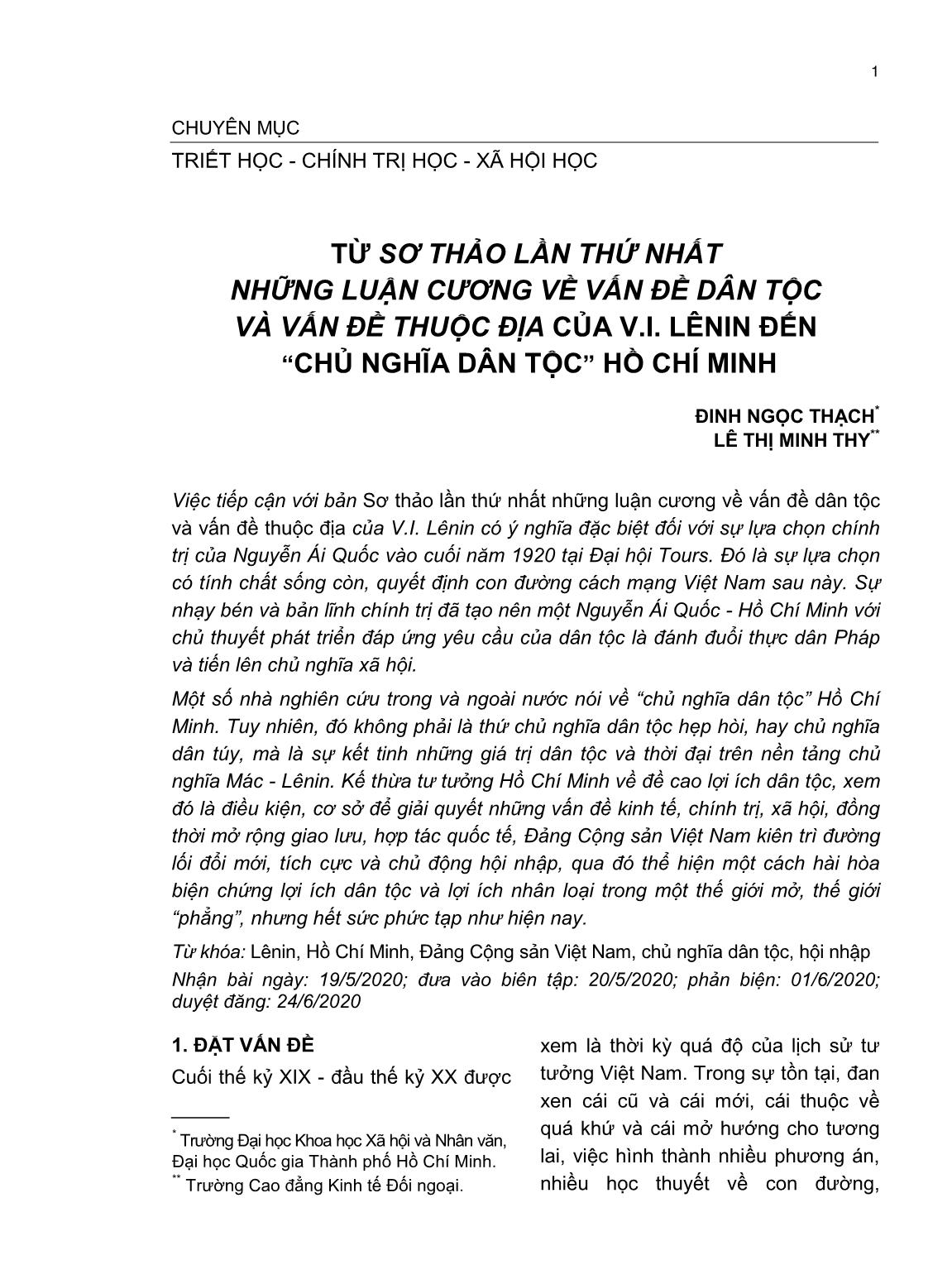 Từ sơ thảo lần thứ nhất những luận cương về vấn đề dân tộc và vấn đề thuộc địa của V.I. Lênin đến “Chủ nghĩa dân tộc” Hồ Chí Minh trang 1