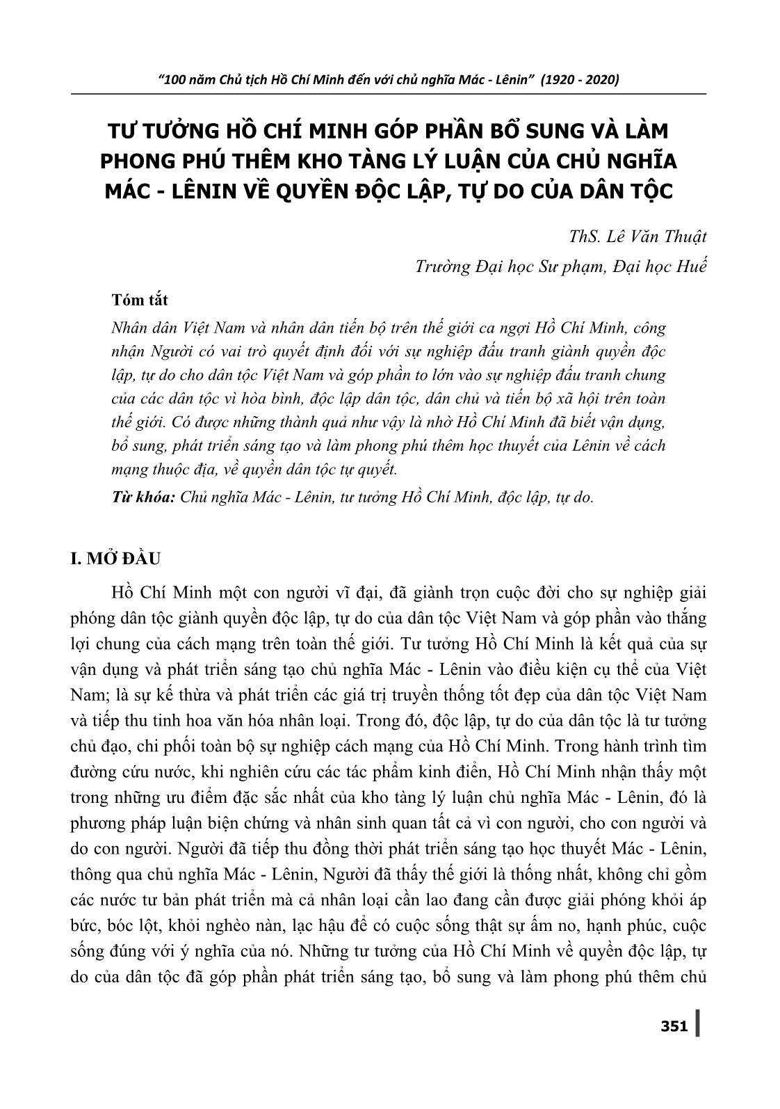 Tư tưởng Hồ Chí Minh góp phần bổ sung và làm phong phú thêm kho tàng lý luận của Chủ nghĩa Mác-Lênin về quyền độc lập, tự do của dân tộc trang 1