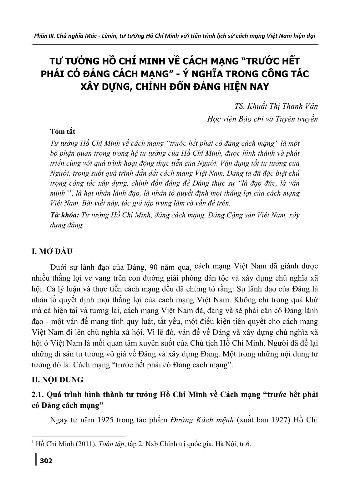 Tư tưởng Hồ Chí Minh về cách mạng “Trước hết phải có Đảng cách mạng” - Ý nghĩa trong công tác xây dựng, chỉnh đốn Đảng hiện nay trang 1