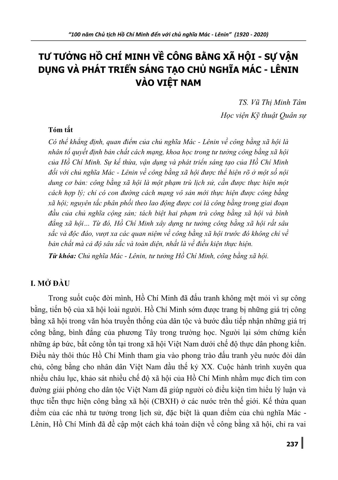 Tư tưởng Hồ Chí Minh về công bằng xã hội - Sự vận dụng và phát triển sáng tạo chủ nghĩa Mác-Lênin vào Việt Nam trang 1