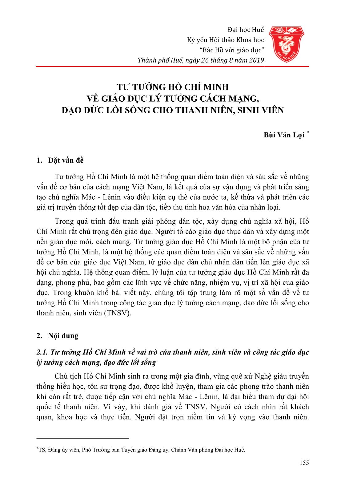 Tư tưởng Hồ Chí Minh về giáo dục lý tưởng cách mạng, đạo đức lối sống cho thanh niên, sinh viên trang 1