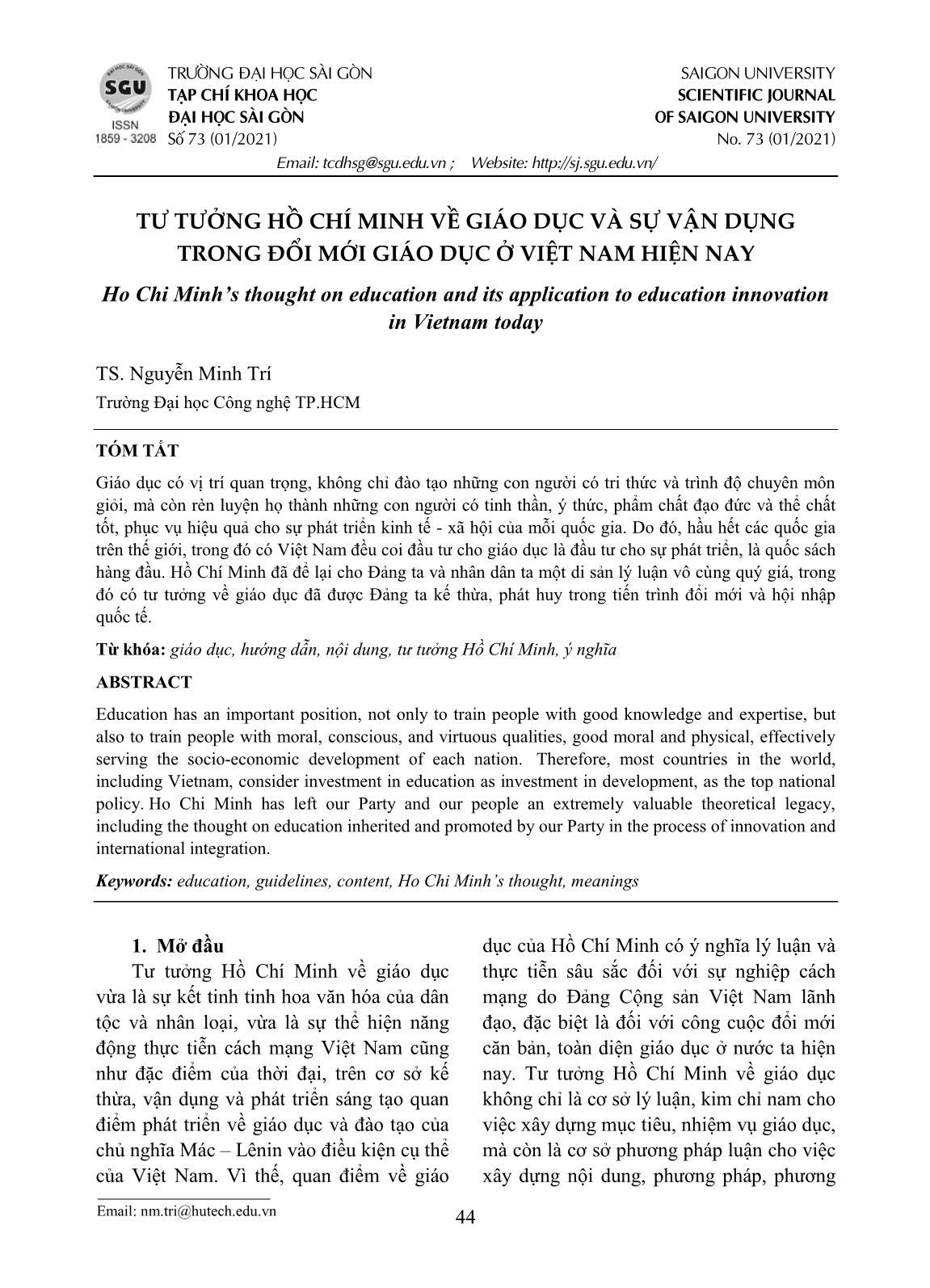 Tư tưởng Hồ Chí Minh về giáo dục và sự vận dụng trong đổi mới giáo dục ở Việt Nam hiện nay trang 1