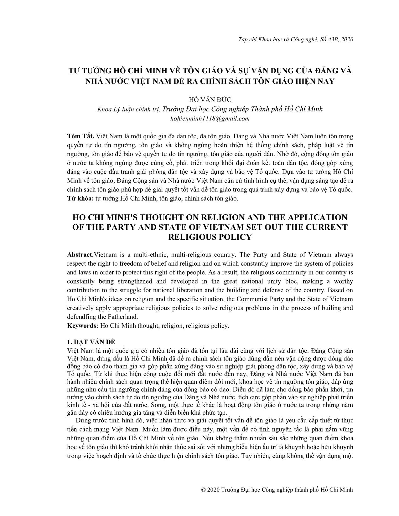 Tư tưởng Hồ Chí Minh về tôn giáo và sự vận dụng của Đảng và nhà nước Việt Nam đề ra chính sách tôn giáo hiện nay trang 1