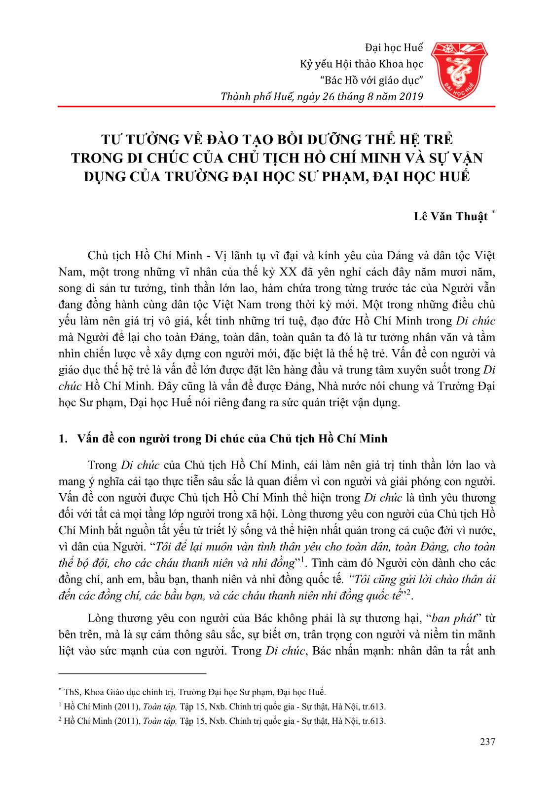 Tư tưởng về đào tạo bồi dưỡng thế hệ trẻ trong di chúc của Chủ tịch Hồ Chí Minh và sự vận dụng của trường Đại học Sư phạm, Đại học Huế trang 1