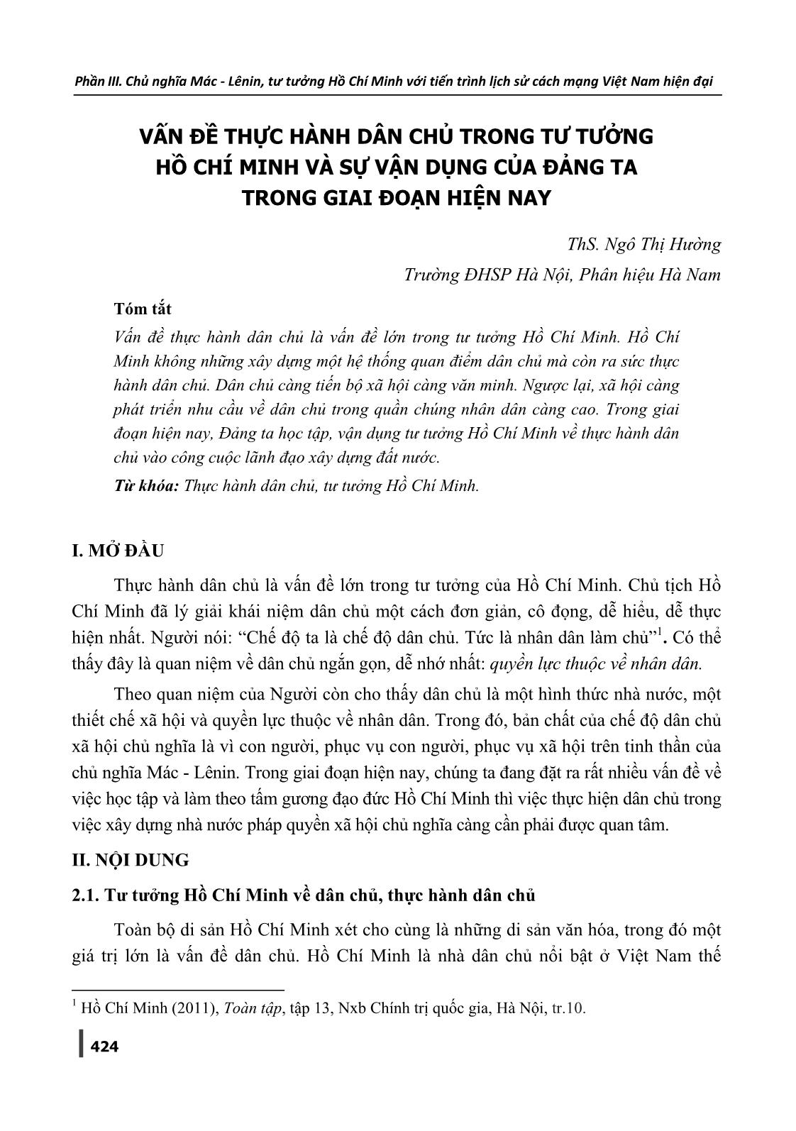 Vấn đề thực hành dân chủ trong tư tưởng Hồ Chí Minh và sự vận dụng của Đảng ta trong giai đoạn hiện nay trang 1