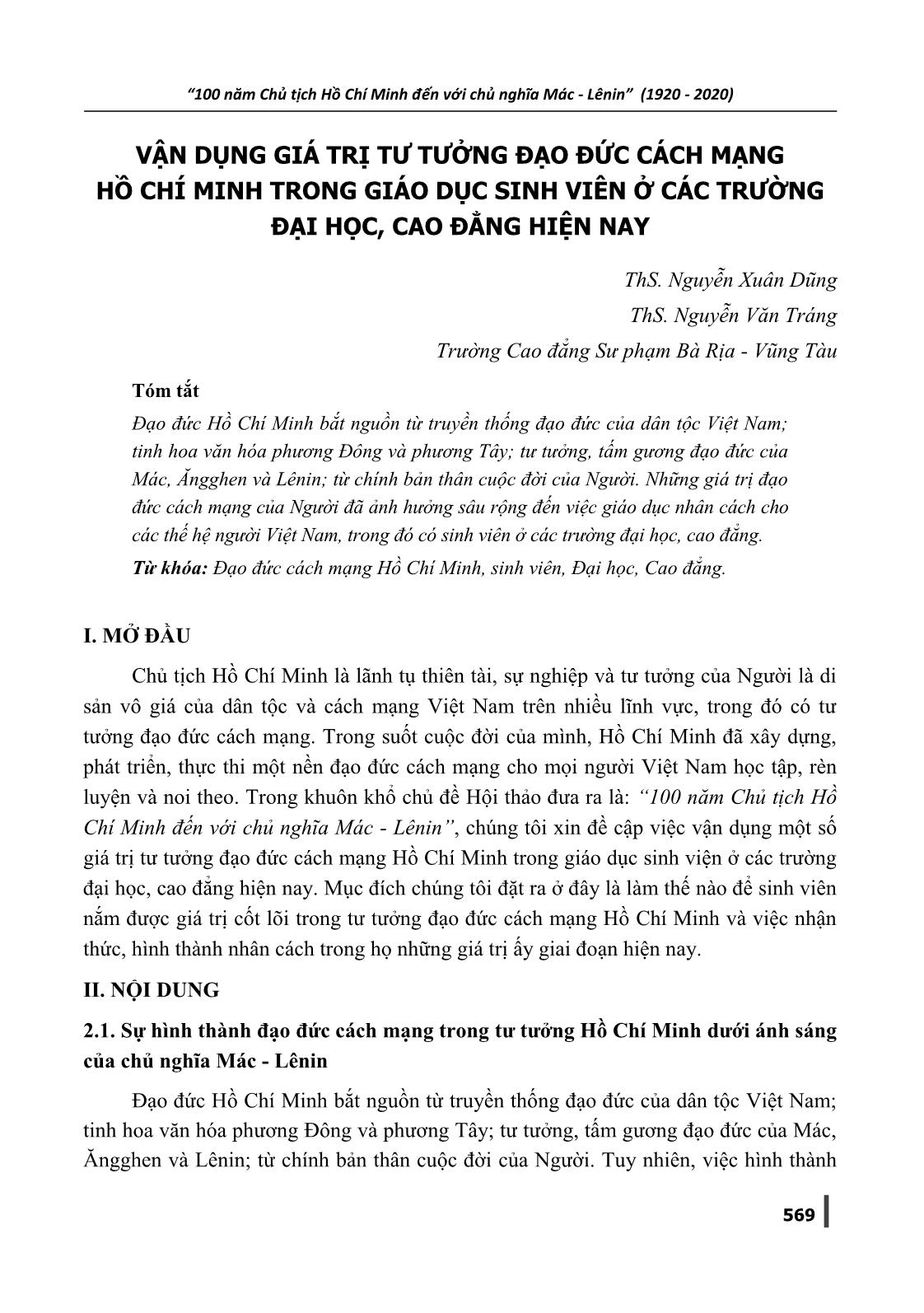 Vận dụng giá trị tư tưởng đạo đức cách mạng Hồ Chí Minh trong giáo dục sinh viên ở các trường đại học, cao đẳng hiện nay trang 1