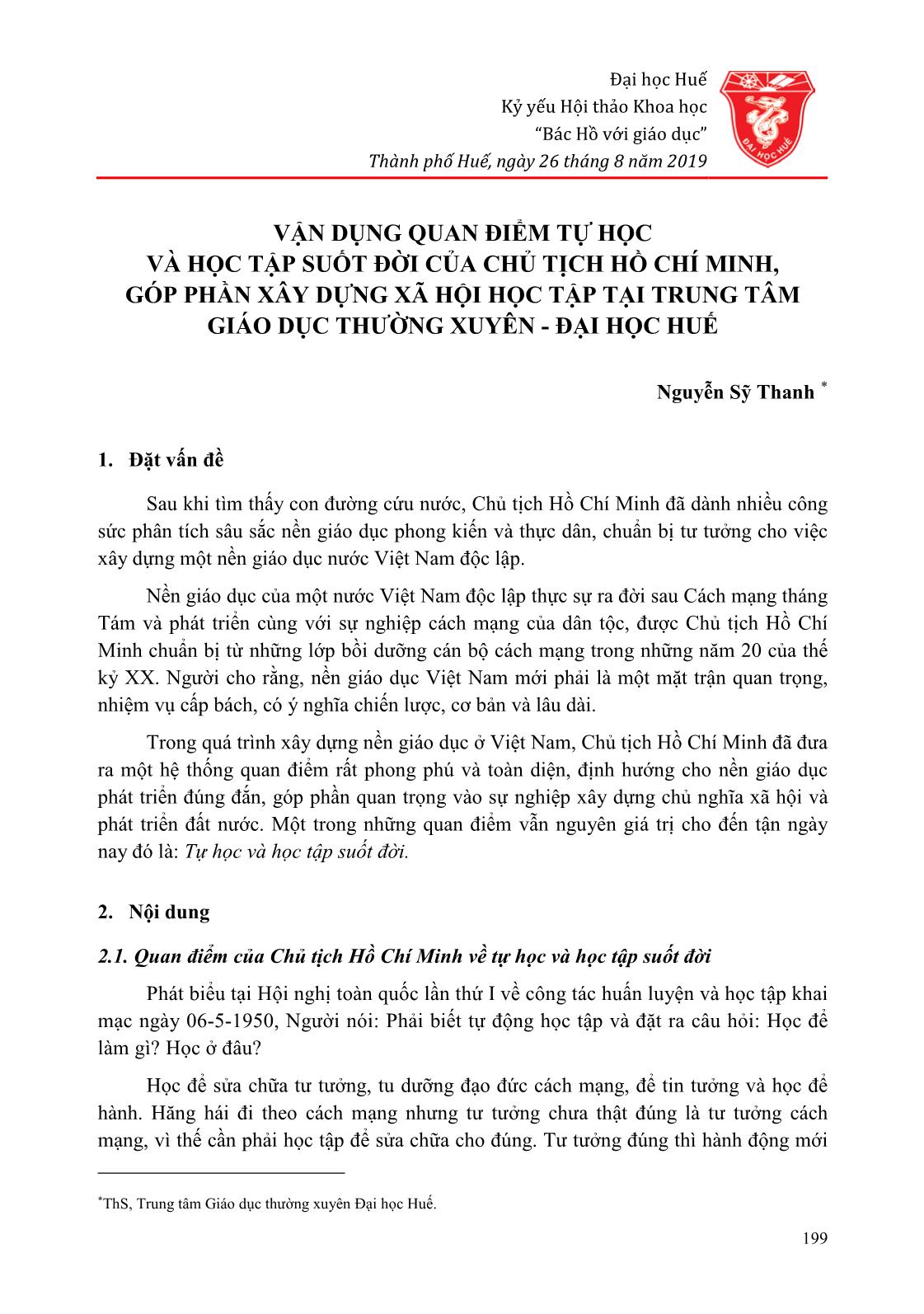 Vận dụng quan điểm tự học và học tập suốt đời của Chủ tịch Hồ Chí Minh, góp phần xây dựng xã hội học tập tại Trung tâm Giáo dục Thường xuyên - Đại học Huế trang 1