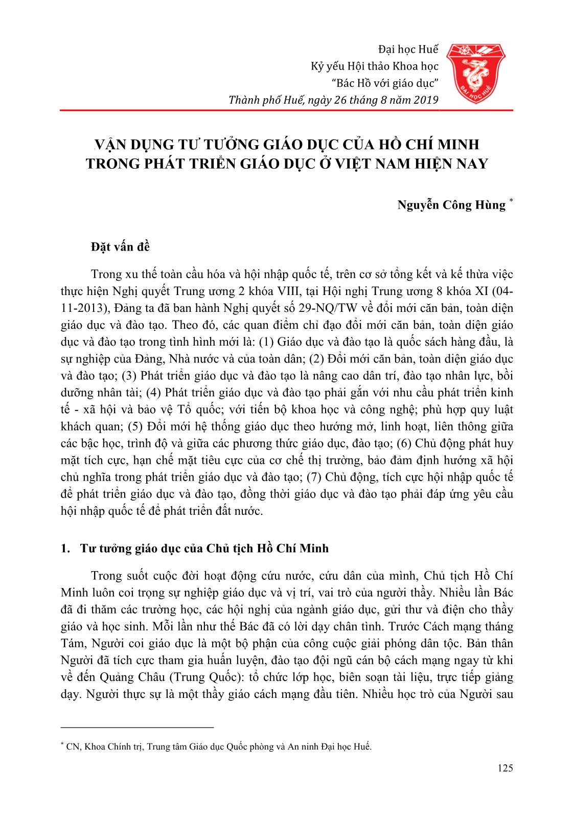 Vận dụng tư tưởng giáo dục của Hồ Chí Minh trong phát triển giáo dục ở Việt Nam hiện nay trang 1