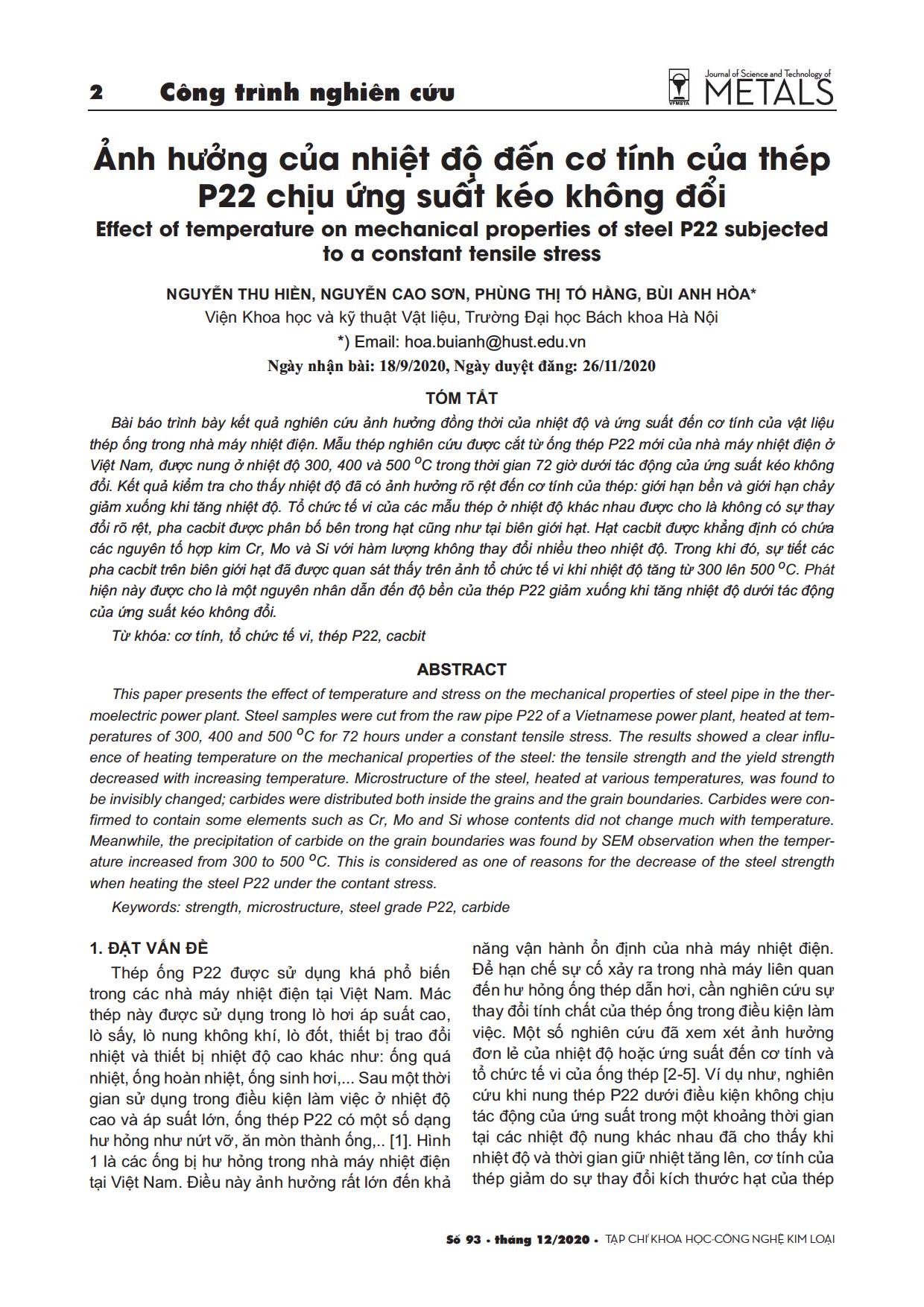 Ảnh hưởng của nhiệt độ đến cơ tính của thép P22 chịu ứng suất kéo không đổi trang 1