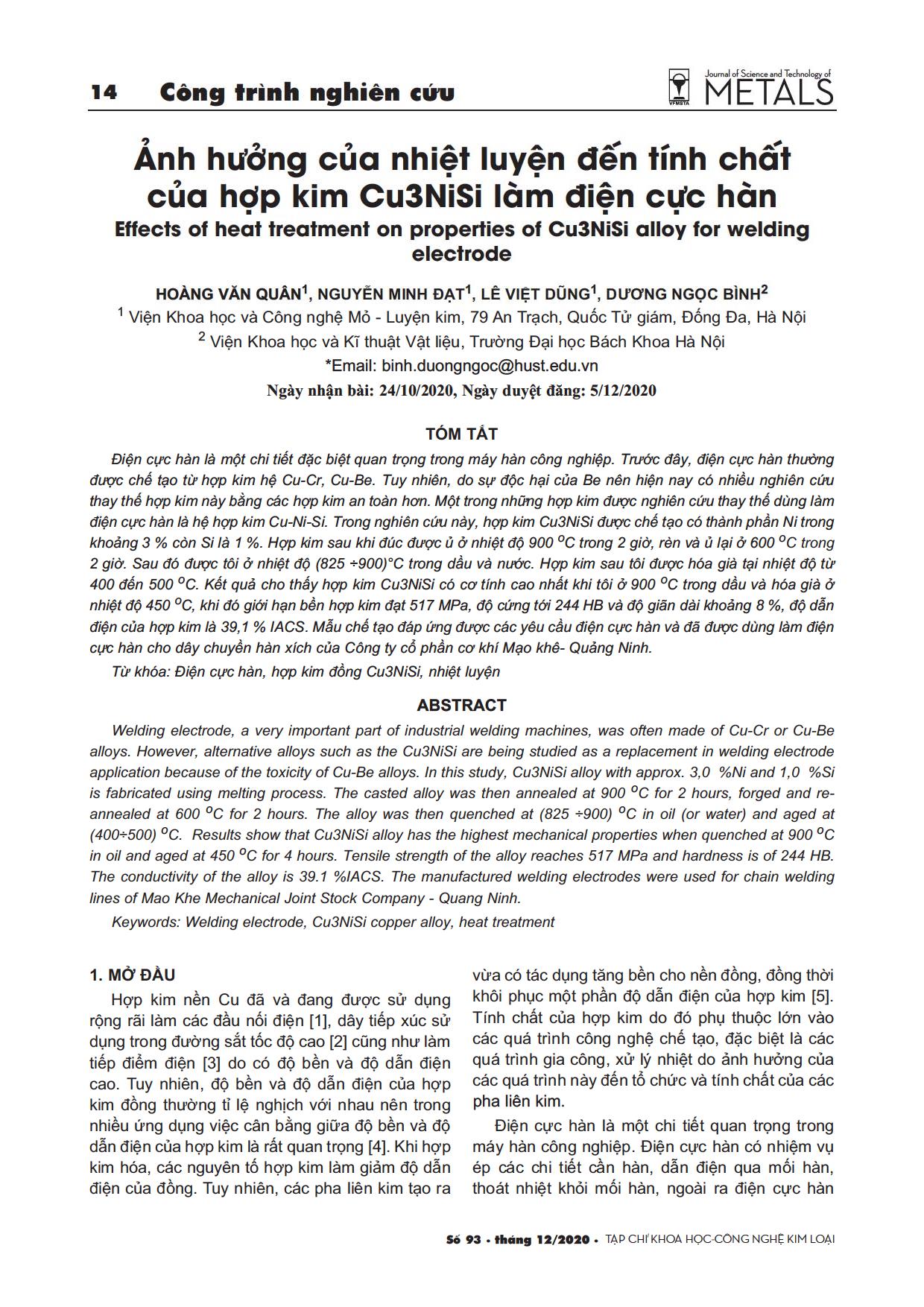 Ảnh hưởng của nhiệt luyện đến tính chất của hợp kim Cu₃NiSi làm điện cực hàn trang 1
