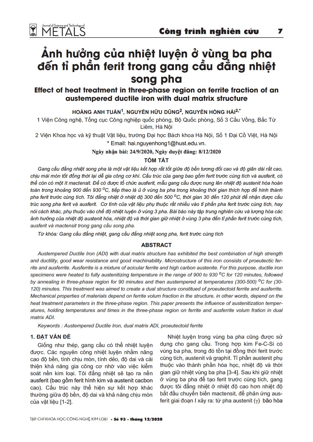 Ảnh hưởng của nhiệt luyện ở vùng ba pha đến tỉ phần ferit trong gang cầu đẳng nhiệt song pha trang 1