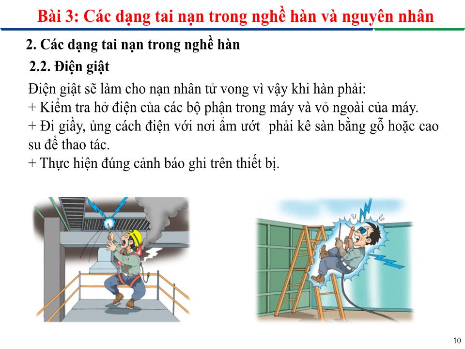 Bài giảng An toàn lao động trong nghề Hàn - Module 1: Giới thiệu về An toàn lao động trong nghề Hàn - Bài 3: Các dạng tai nạn trong nghề hàn và nguyên nhân trang 10