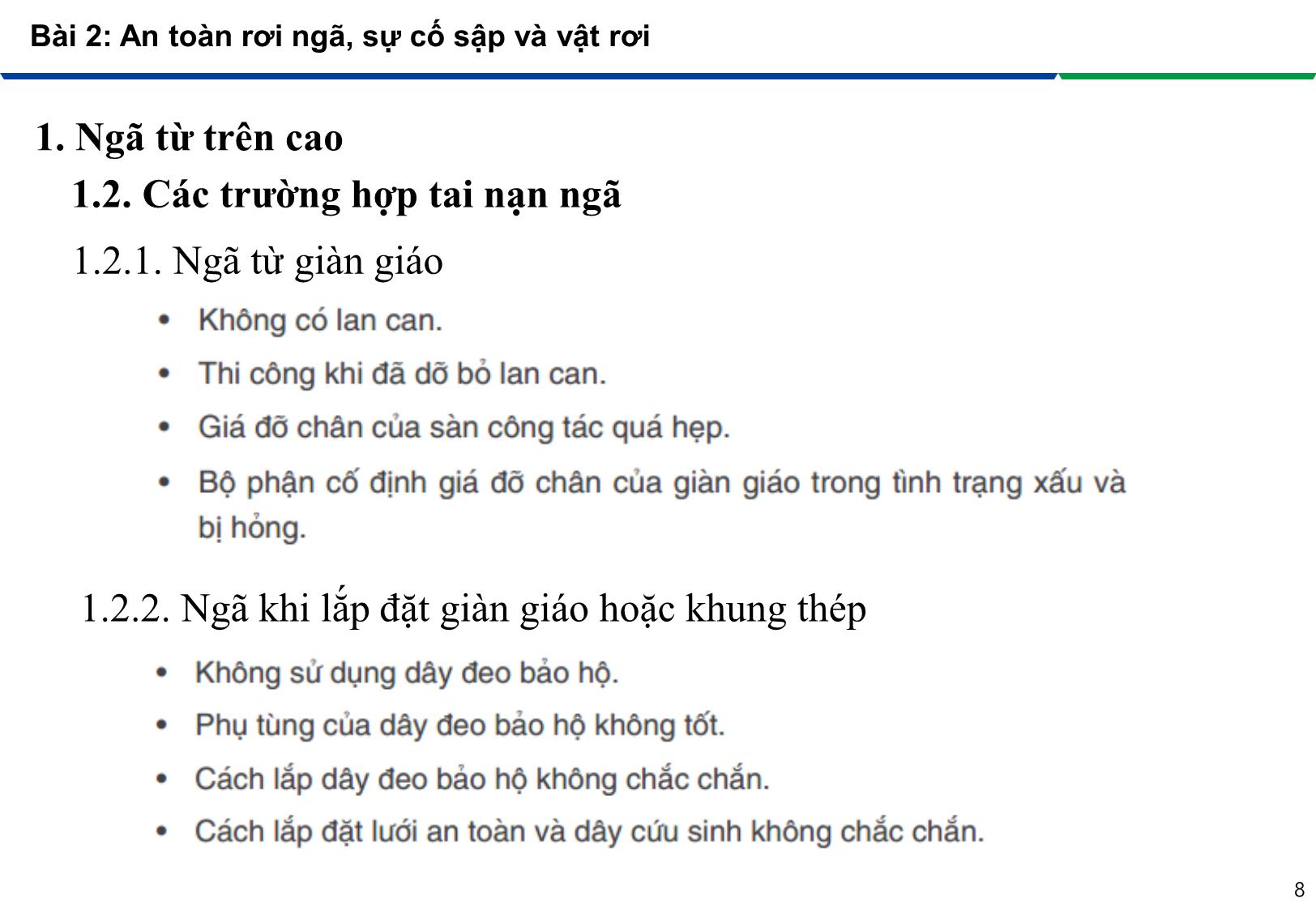 Bài giảng An toàn lao động trong nghề Hàn - Module 2: Phòng tránh các tai nạn trong nghề Hàn - Bài 2: An toàn rơi ngã, sự cố sập và vật rơi trang 8