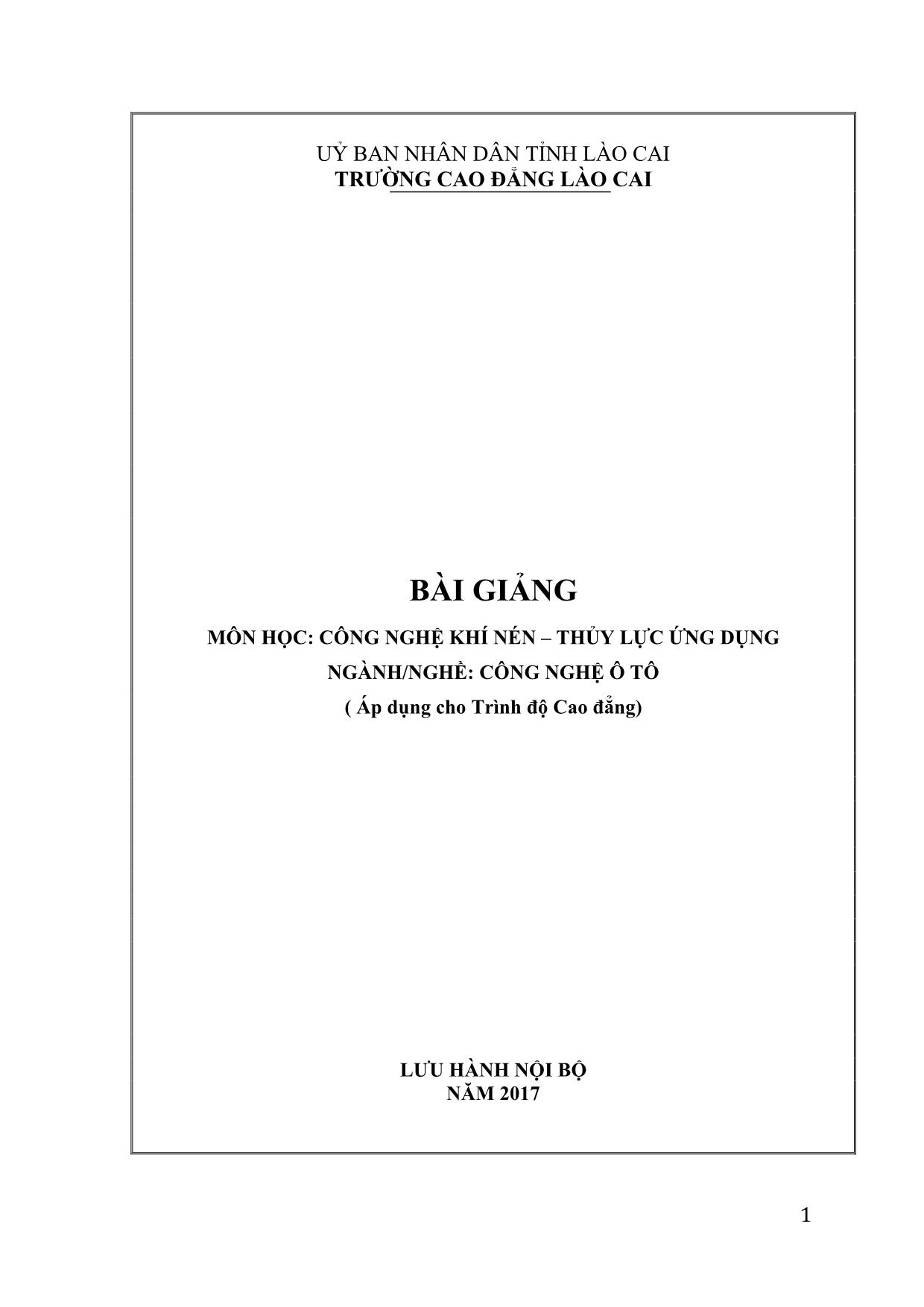 Bài giảng Công nghệ khí nén – thủy lực ứng dụng trang 1