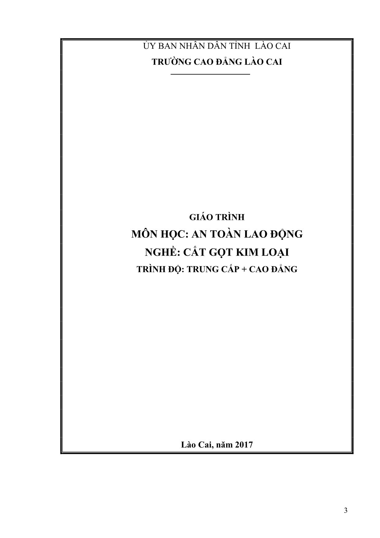 Giáo trình An toàn lao động - Nghề: Cắt gọt kim loại trang 1