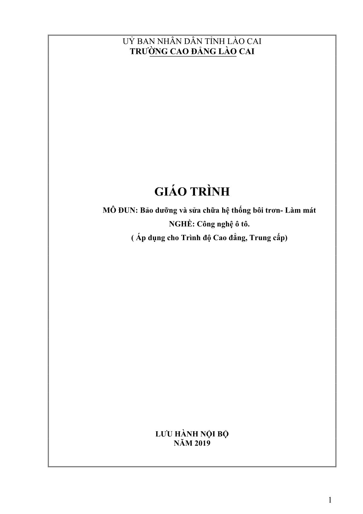 Giáo trình mô đun Bảo dưỡng và sửa chữa hệ thống bôi trơn & Làm mát trang 1