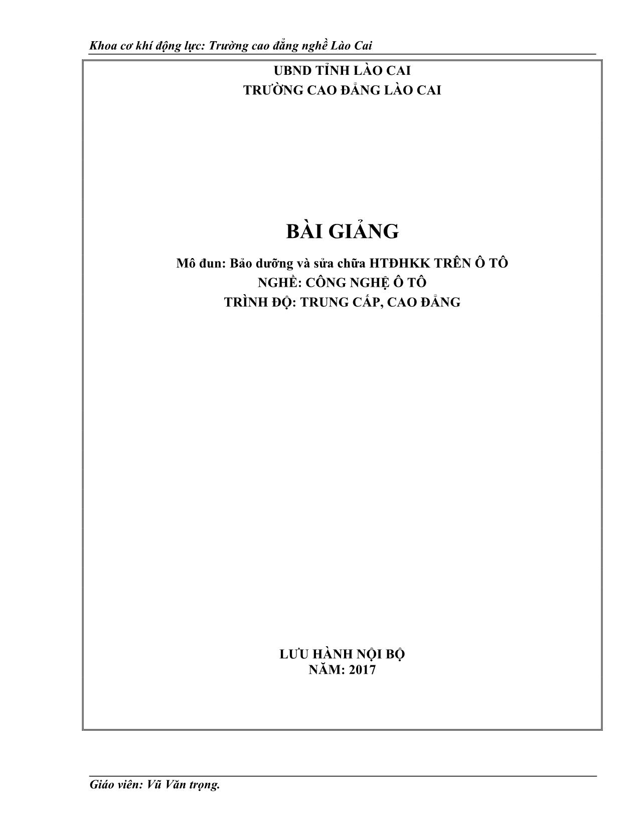 Bài giảng Bảo dưỡng và sửa chữa hệ thống điều hòa không khí trên ô tô - Vũ Văn Trọng trang 1