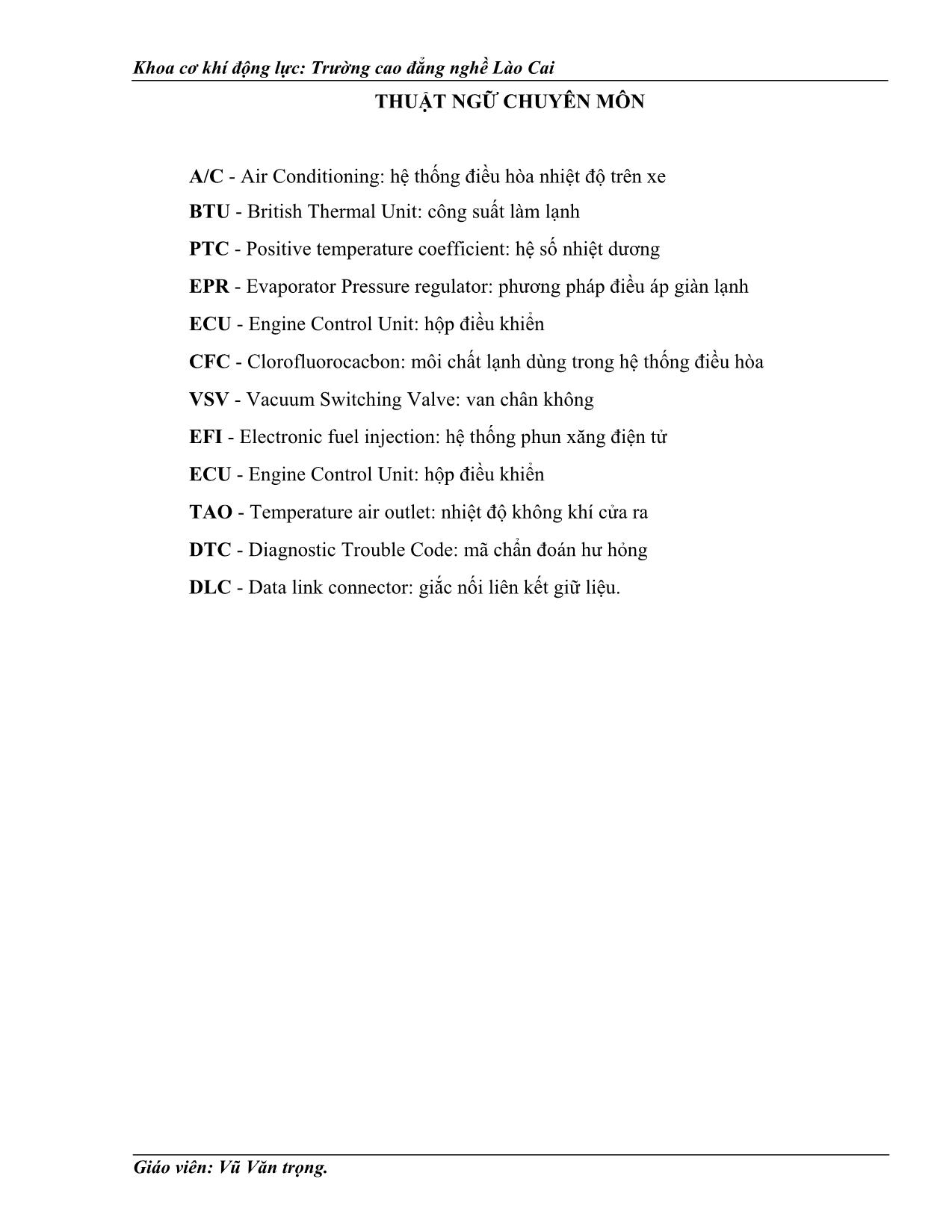 Bài giảng Bảo dưỡng và sửa chữa hệ thống điều hòa không khí trên ô tô - Vũ Văn Trọng trang 4