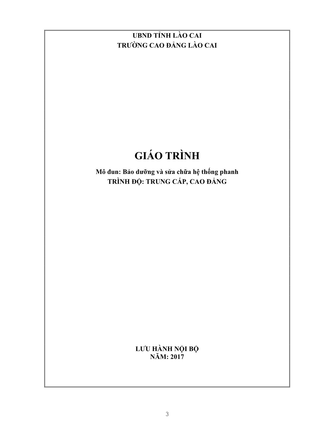 Giáo trình mô đun Bảo dưỡng và sửa chữa hệ thống phanh trang 1