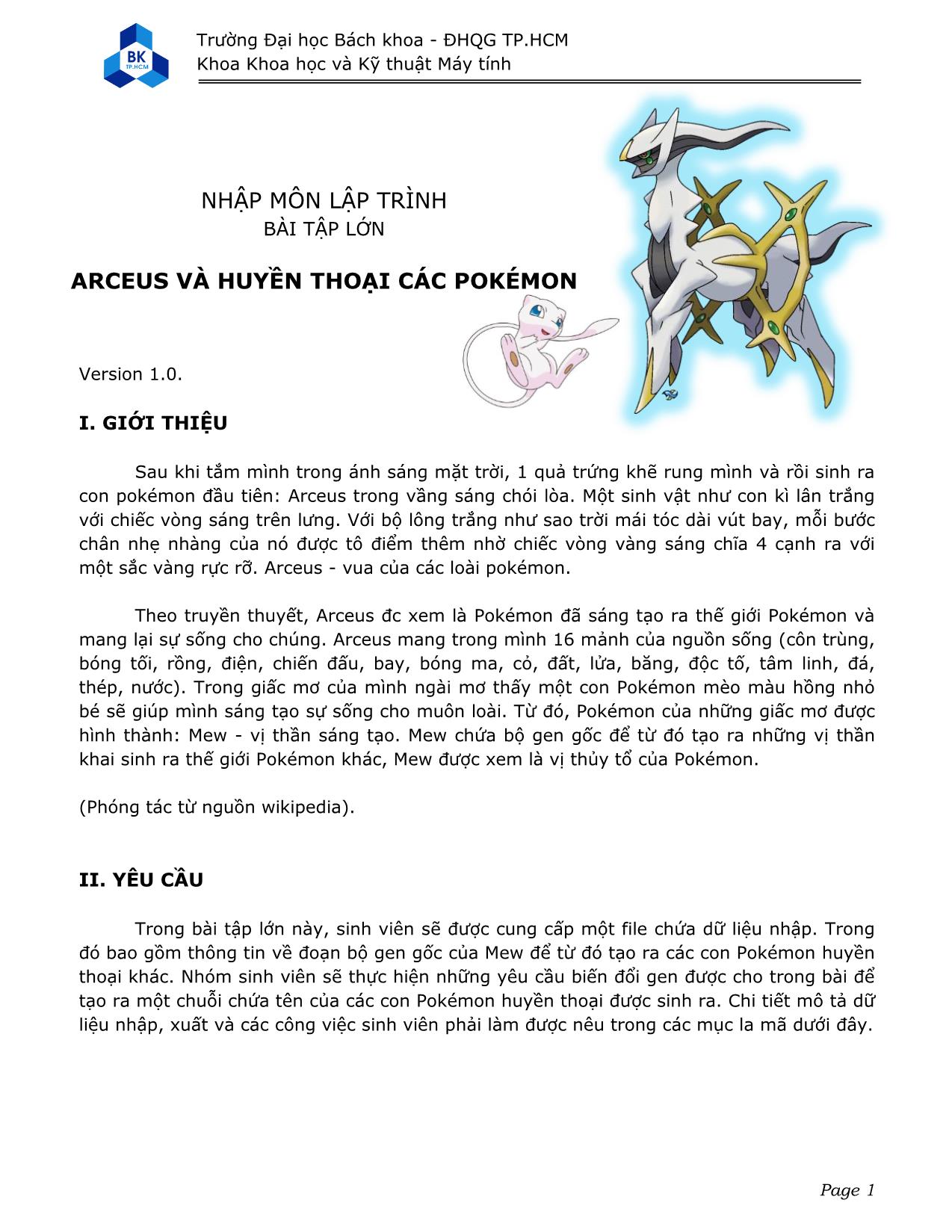 Bài tập lớn môn Nhập môn lập trình - Đề tài: Arceus và huyền thoại các Pokémon trang 1
