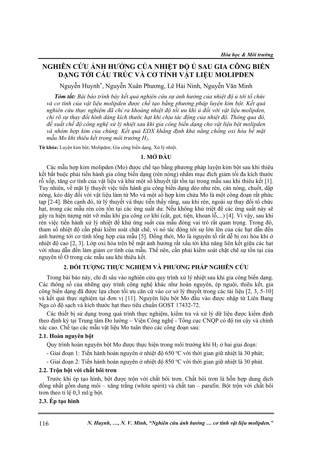 Nghiên cứu ảnh hưởng của nhiệt độ ủ sau gia công biến dạng tới cấu trúc và cơ tính vật liệu Molipden trang 1