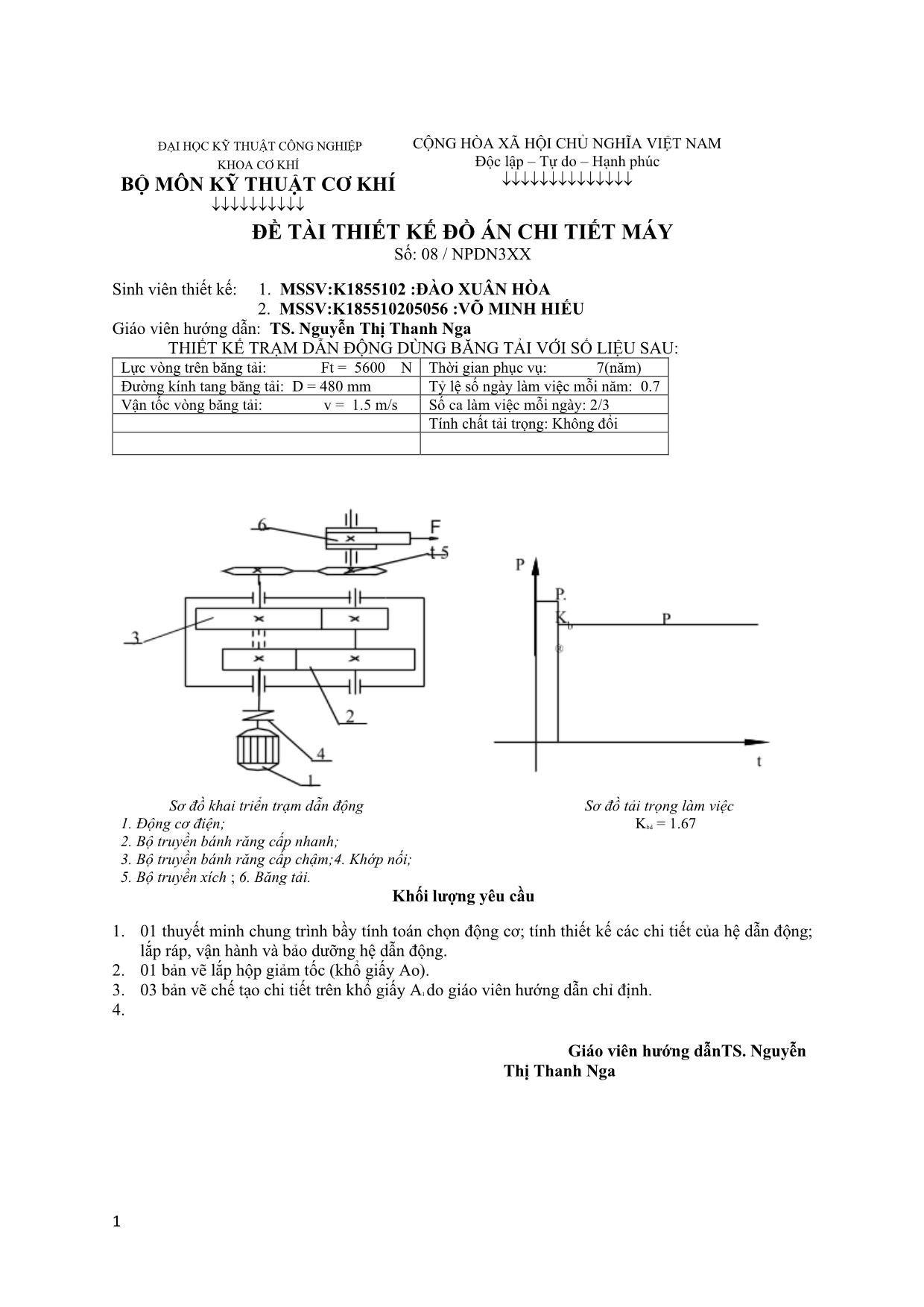 Đề tài Thiết kế Đồ án Chi tiết máy - Đào Xuân Hòa trang 1