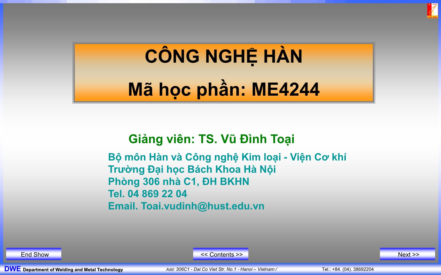 Bài giảng Công nghệ hàn - Chương 1: Hàn và cắt kim loại - Vũ Đình Toại trang 1