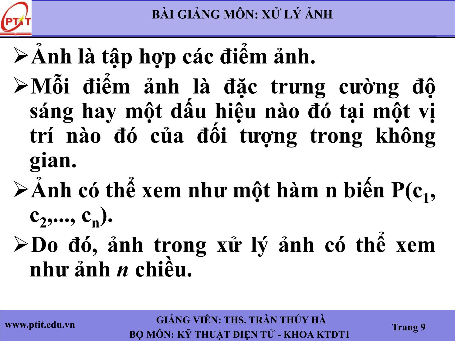 Bài giảng Xử lý ảnh - Chương 1: Nhập môn xử lý ảnh - Trần Thúy Hà trang 9