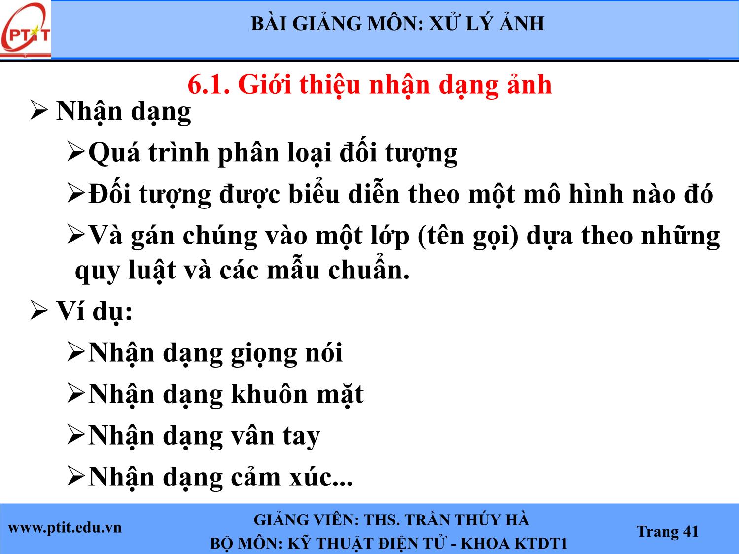 Bài giảng Xử lý ảnh - Chương 6: Nhận dạng ảnh - Trần Thúy Hà trang 2