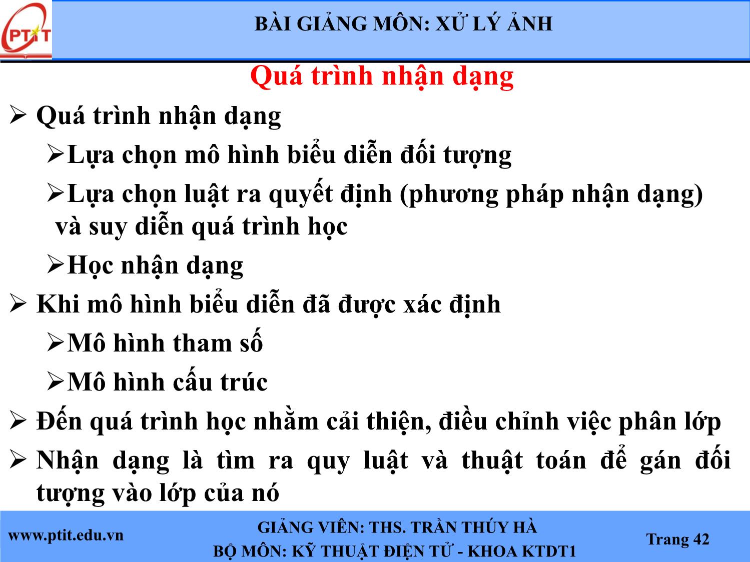 Bài giảng Xử lý ảnh - Chương 6: Nhận dạng ảnh - Trần Thúy Hà trang 3