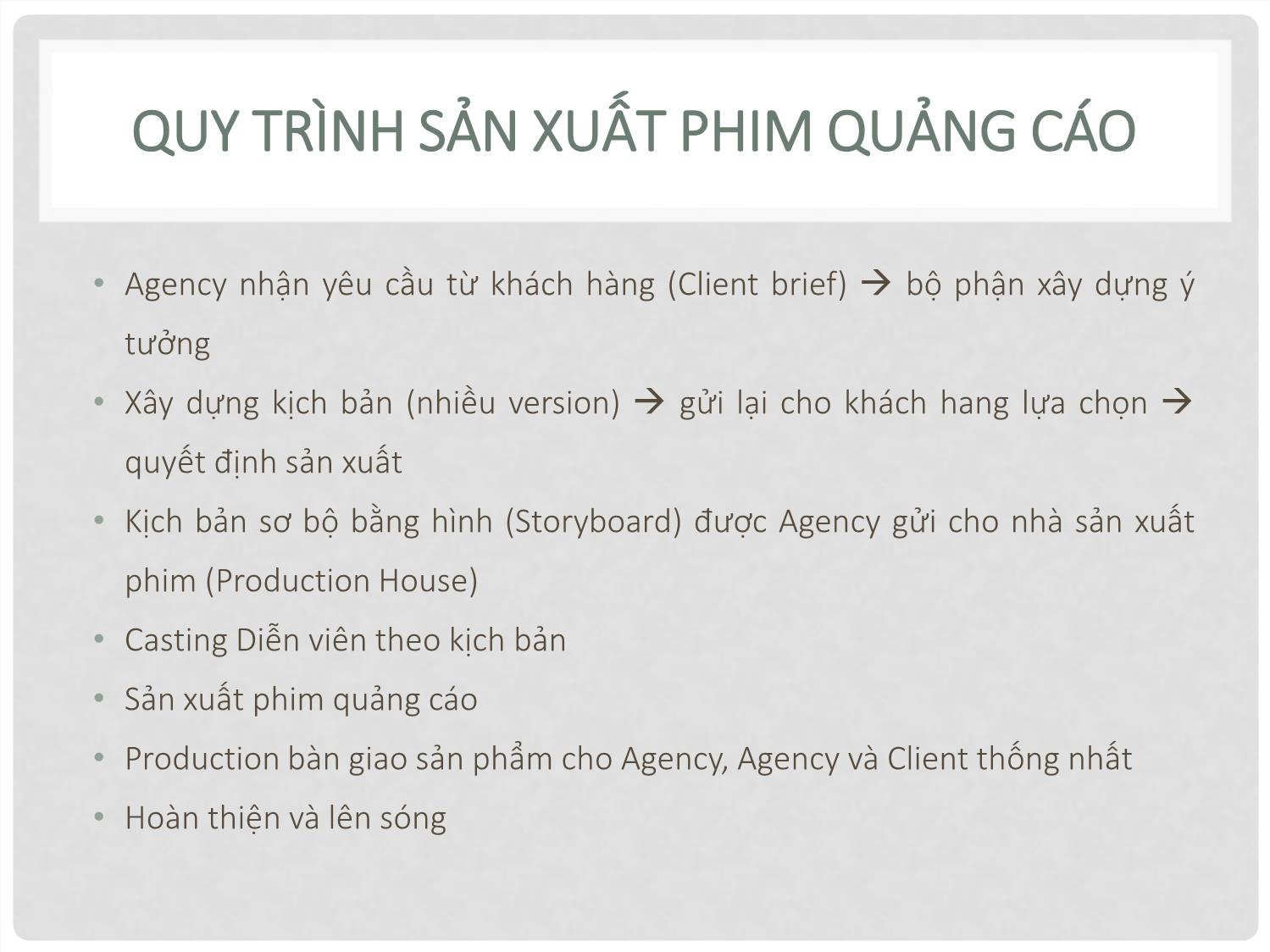 Bài giảng Quay phim quảng cáo - Chương 5: Quy trình sản xuất phim quảng cáo trang 5