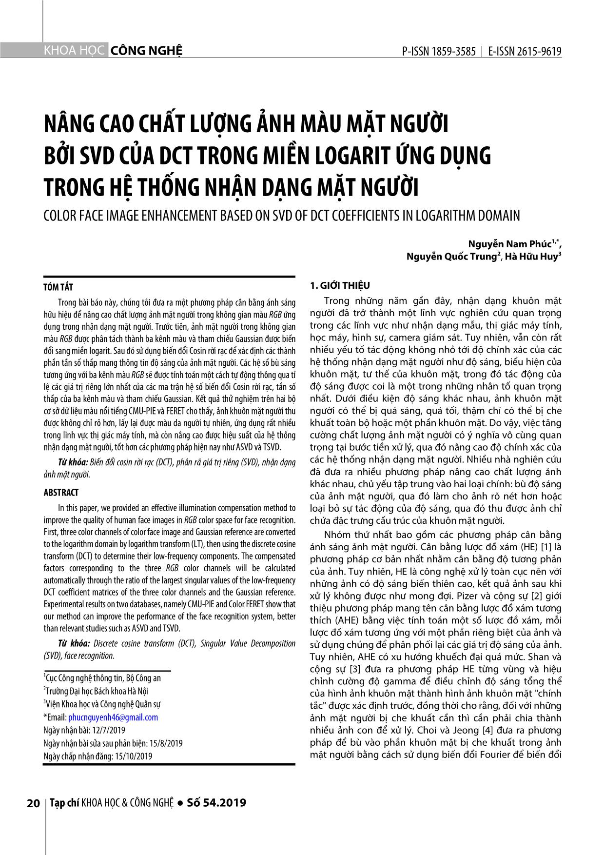 Nâng cao chất lượng ảnh màu mặt người bởi SVD của DCT trong miền logarit ứng dụng trong hệ thống nhận dạng mặt người trang 1