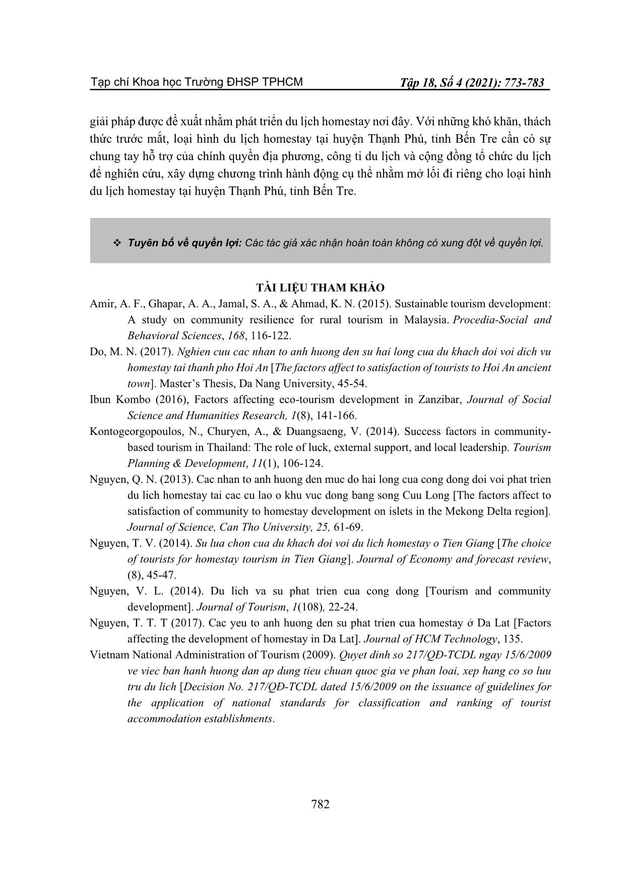 Các yếu tố ảnh hưởng đến sự phát triển du lịch homestay của điểm đến huyện Thạnh Phú tỉnh Bến Tre trang 10