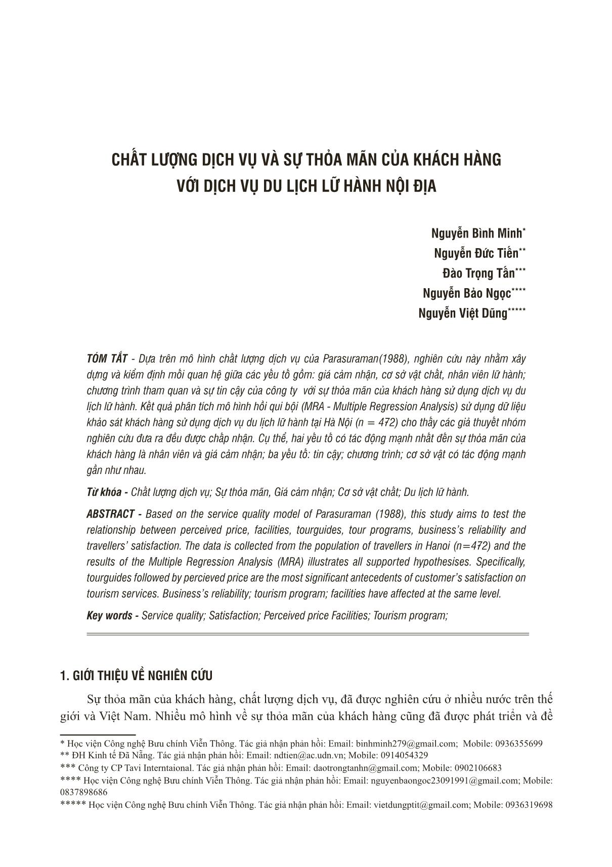 Chất lượng dịch vụ và sự thỏa mãn của khách hàng với dịch vụ du lịch lữ hành nội địa trang 1