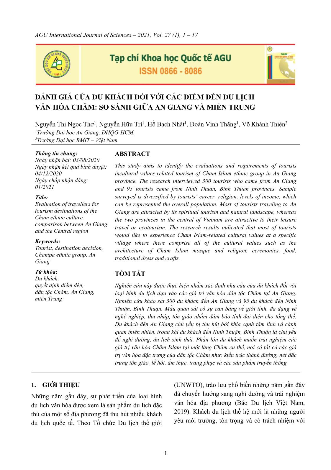 Đánh giá của du khách đối với các điểm đến du lịch văn hóa Chăm: So sánh giữa An Giang và miền Trung trang 1