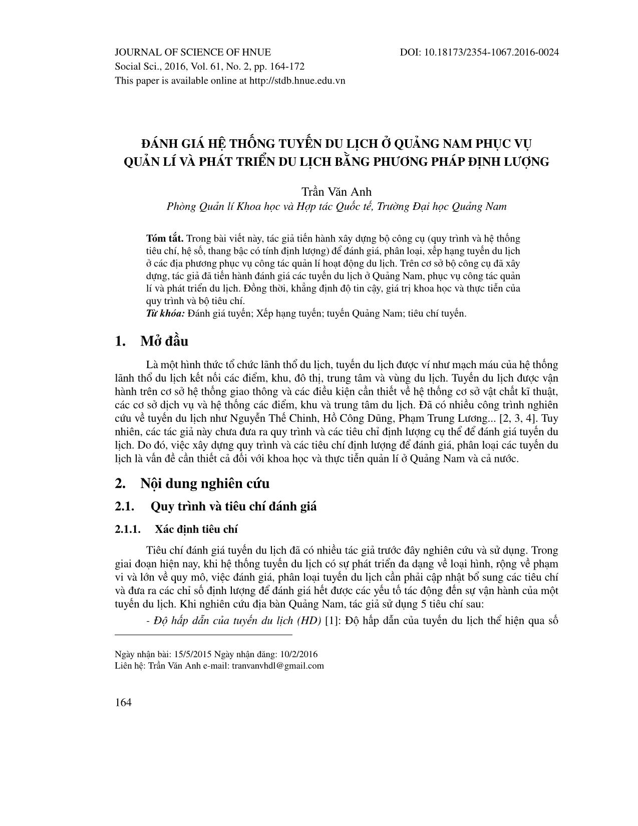 Đánh giá hệ thống tuyến du lịch ở Quảng Nam phục vụ quản lí và phát triển du lịch bằng phương pháp định lượng trang 1