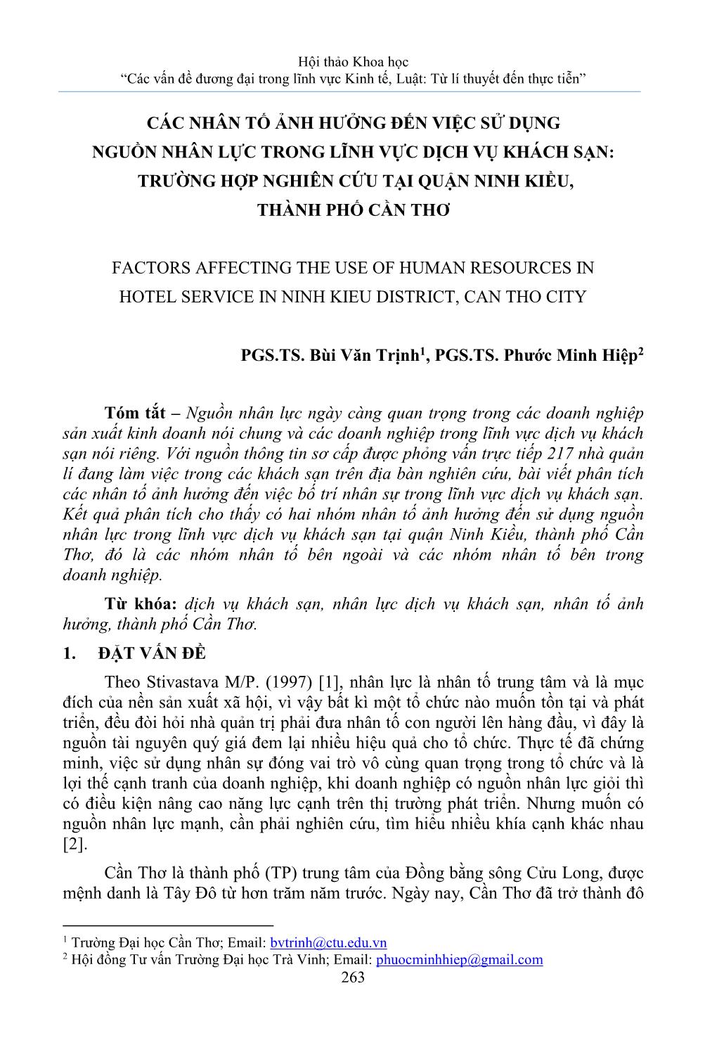 Các nhân tố ảnh hưởng đến việc sử dụng nguồn nhân lực trong lĩnh vực dịch vụ khách sạn: Trường hợp nghiên cứu tại quận Ninh Kiều, thành phố Cần Thơ trang 1