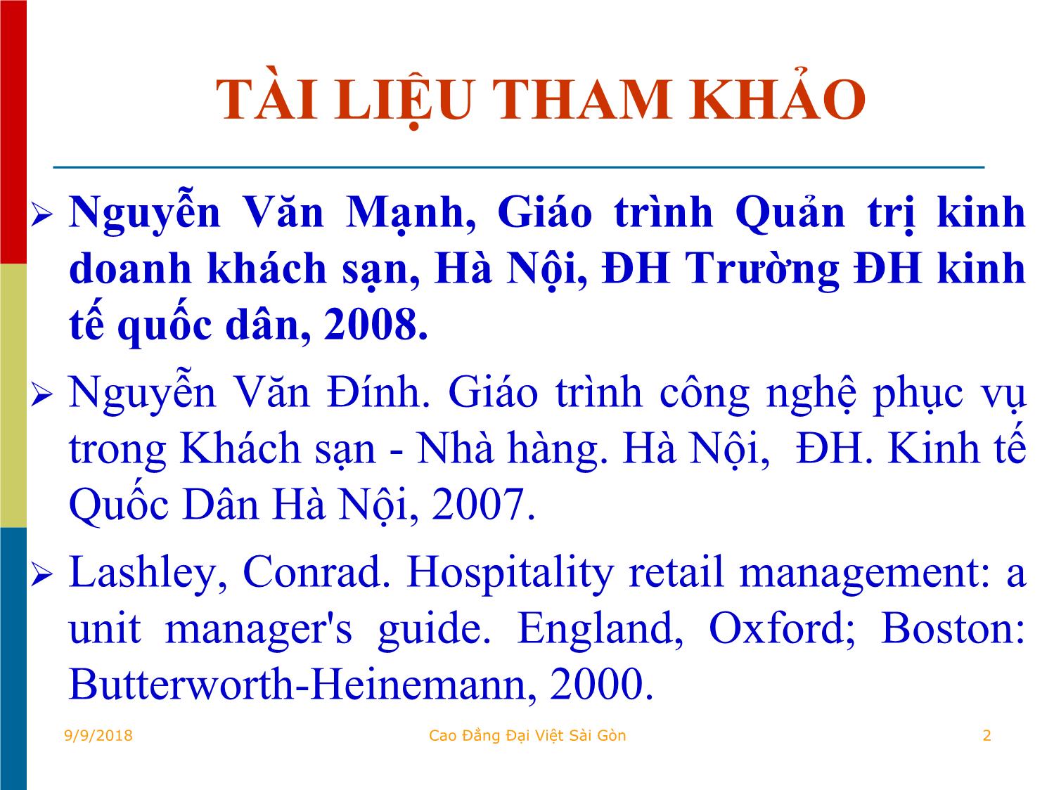 Bài giảng Quản trị kinh doanh khách sạn - Chương V: Tổ chức kinh doanh ăn uống - Tô Đồng Thiệt trang 2