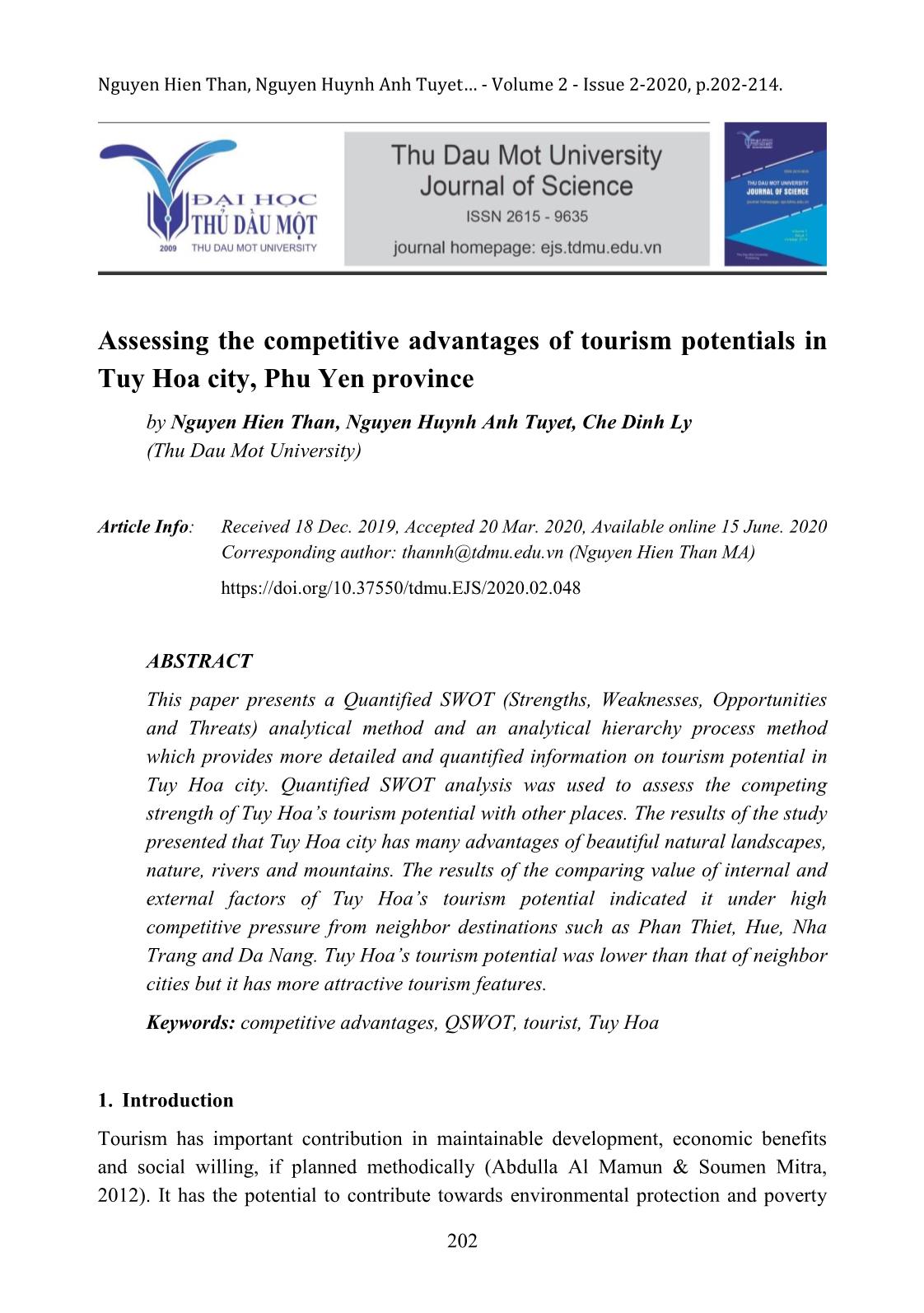 Assessing the competitive advantages of tourism potentials in Tuy Hoa city, Phu Yen province trang 1