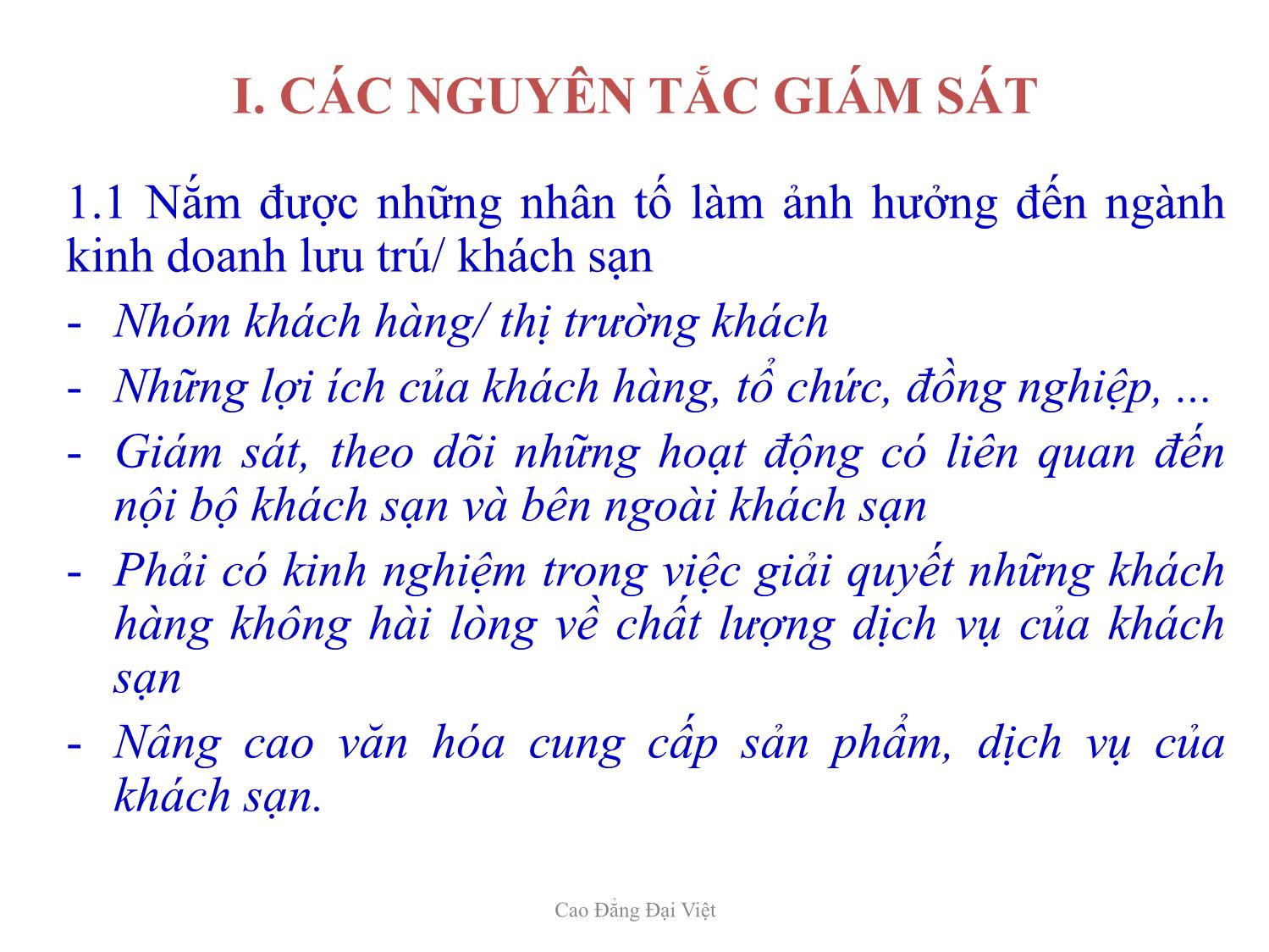 Bài giảng Quản trị kinh doanh khách sạn - Chương VIII: Kiểm tra & giám sát các bộ phận trong khách sạn - Tô Đồng Thiệt trang 3