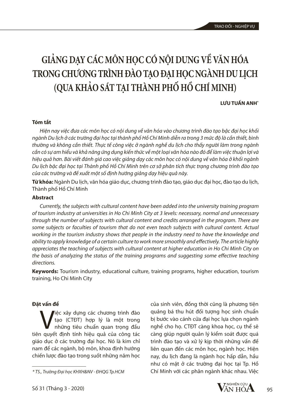 Giảng dạy các môn học có nội dung về văn hóa trong chương trình đào tạo đại học ngành Du lịch (Qua khảo sát tại thành phố Hồ Chí Minh) trang 1