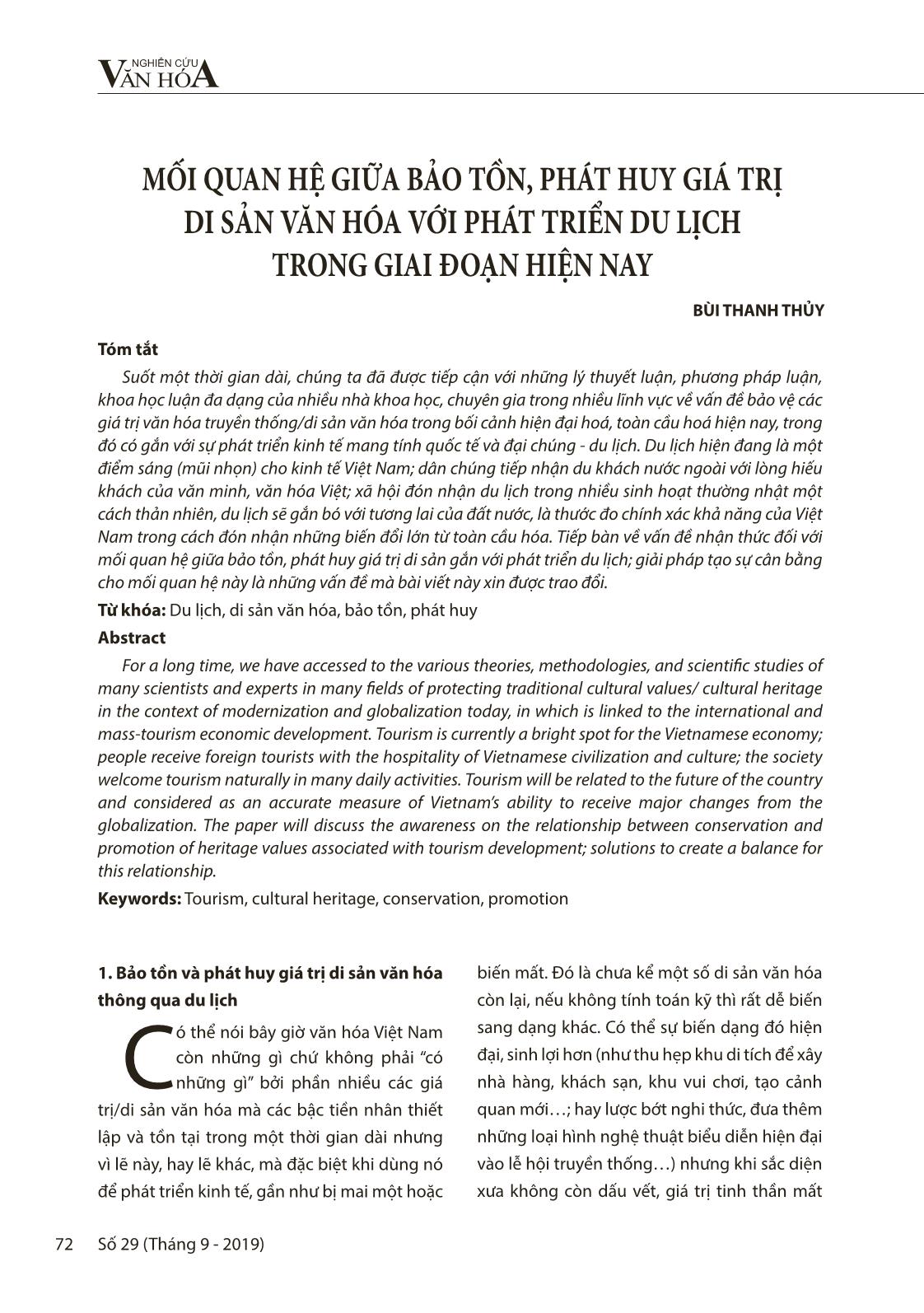 Mối quan hệ giữa bảo tồn, phát huy giá trị di sản văn hóa với phát triển du lịch trong giai đoạn hiện nay trang 1