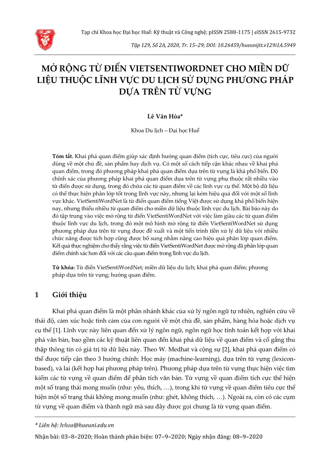 Mở rộng từ điển Vietsentiwordnet cho miền dữ liệu thuộc lĩnh vực du lịch sử dụng phương pháp dựa trên từ vựng trang 1