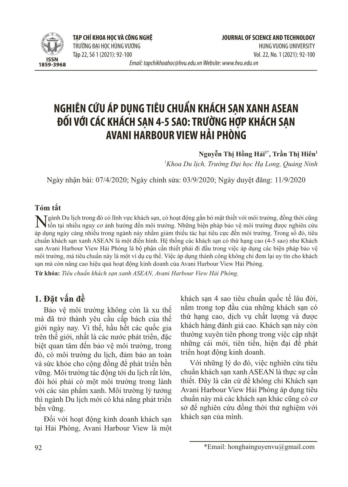 Nghiên cứu áp dụng tiêu chuẩn khách sạn xanh Asean đối với các khách sạn 4-5 sao: Trường hợp khách sạn Avani Harbour View Hải Phòng trang 1