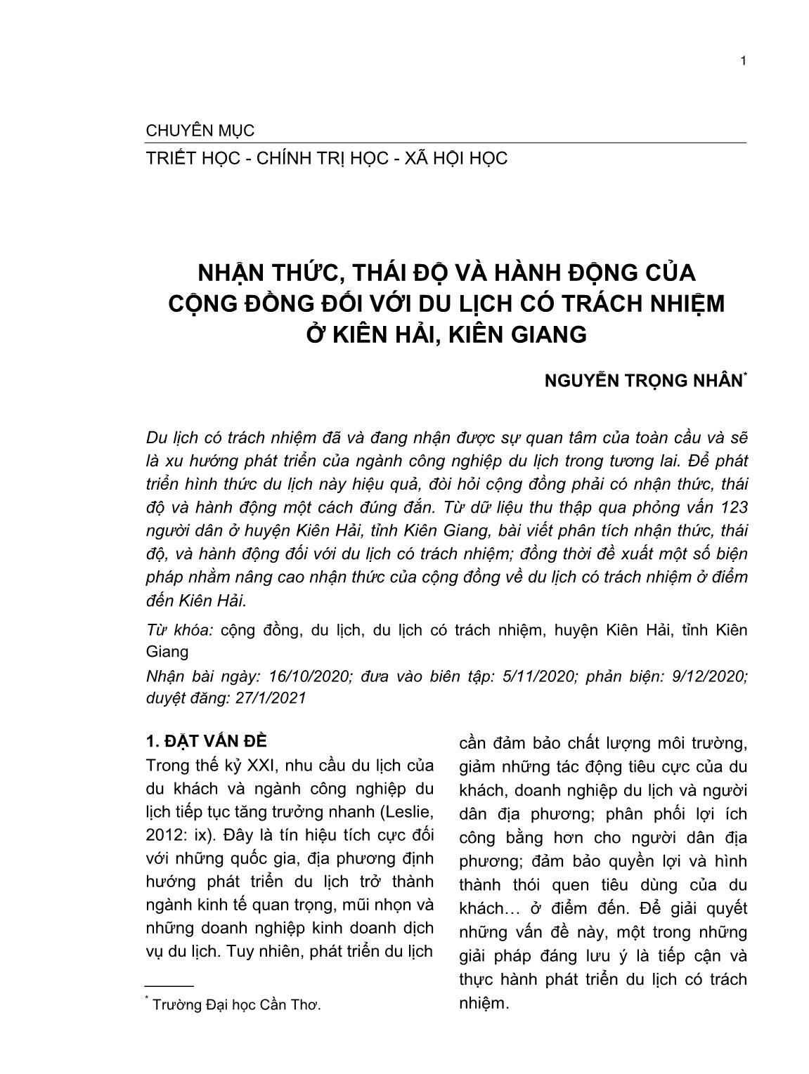 Nhận thức, thái độ và hành động của cộng đồng đối với du lịch có trách nhiệm ở Kiên Hải, Kiên Giang trang 1